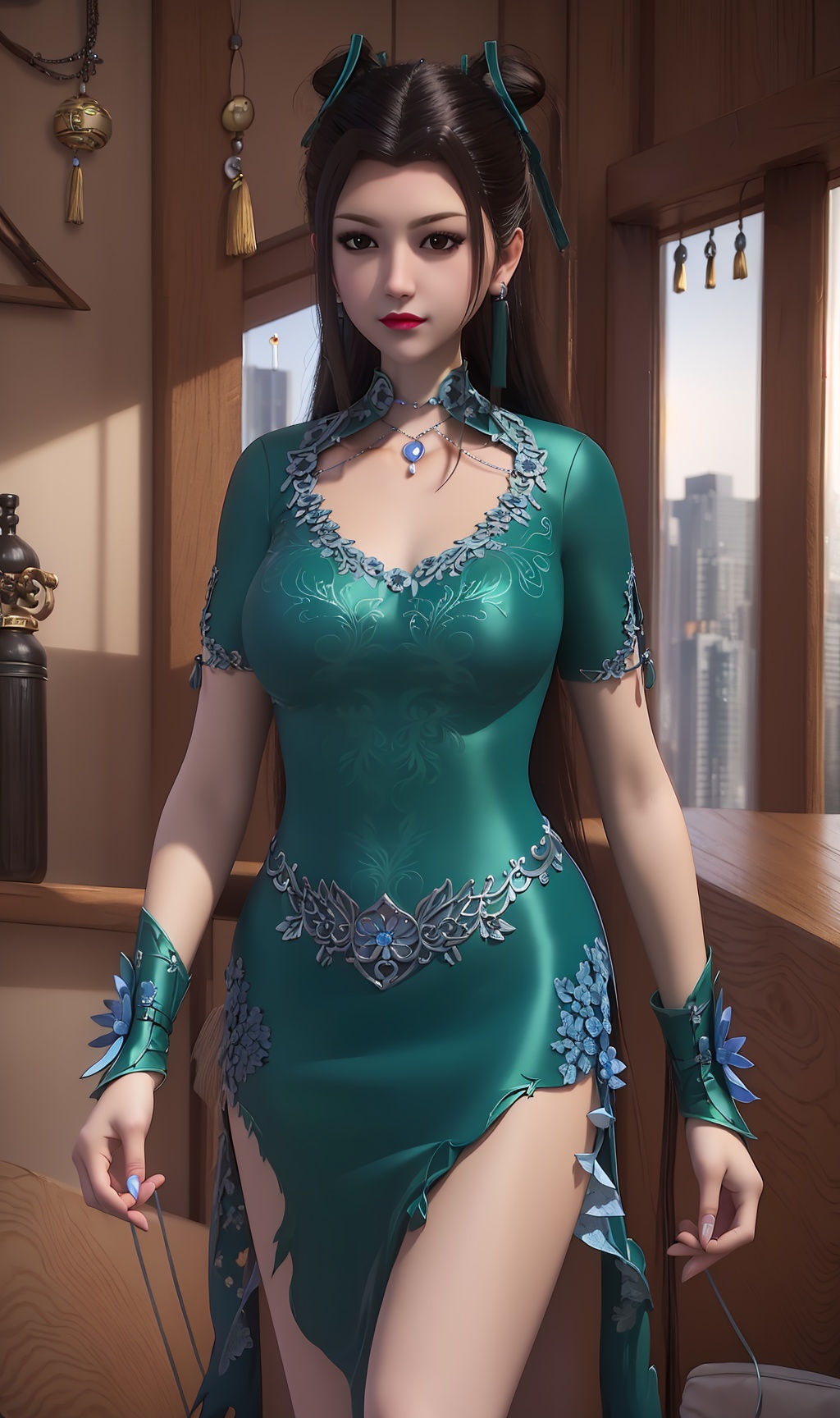 3D,masterpiece,(best quality),(makeup),official art, extremely detailed cg 8k wallpaper,((crystalstexture skin)), (extremely delicate and beautiful),(highly detailed),(face),(collar),(closed_mouth),(1girl), (solo), (jewelry), (earrings),(black_hair),(long_hair),(hair_ornament),(handwear),(breasts),(standing),((upper_body)),(dress),(shiny_clothes),(thighs),(city,indoor),(cheongsam),,((looking_at_viewer)),((Facing the camera)),, <lora:hipoly3DModelLora_v10:0.3>