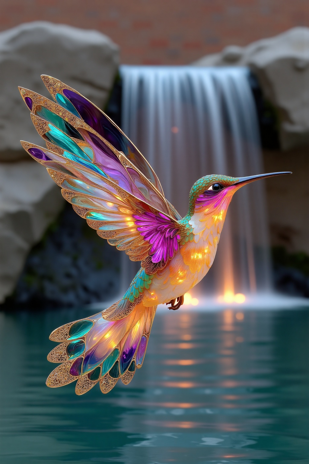 beijihui,Captured at eye-level,a hummingbird is soaring over a body of water. The hummingbird's wings are adorned with a variety of vibrant colors,including purple,orange,yellow,green,and blue. The bird's beak is long and pointed,and its eyes are black. In the backdrop,a waterfall can be seen,and a rock wall is visible.,
