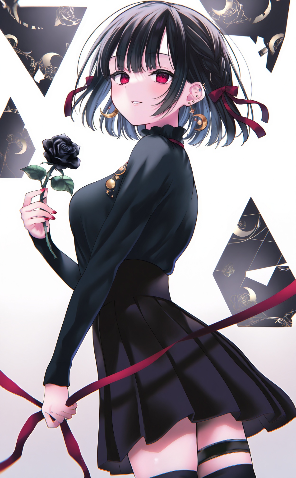 masterpiece,absurdres,best quality,high quality,chromatic_aberration,//,1girl,black_flower,solo,black_rose,flower,crescent_earrings,black_hair,skirt,holding_flower,red_eyes,rose,thighhighs,jewelry,earrings,black_thighhighs,crescent,looking_at_viewer,black_skirt,ribbon,red_nails,shirt,long_sleeves,holding,simple_background,breasts,thigh_strap,short_hair,nail_polish,smile,braid,hair_ribbon,pleated_skirt,white_background,black_shirt,red_ribbon,medium_breasts,ear_piercing,shirt_tucked_in,high-waist_skirt,from_side,parted_lips,piercing,cowboy_shot,zettai_ryouiki,//,//,<lora:nekoyashiki_pushio——【CKXL】hans:1>,