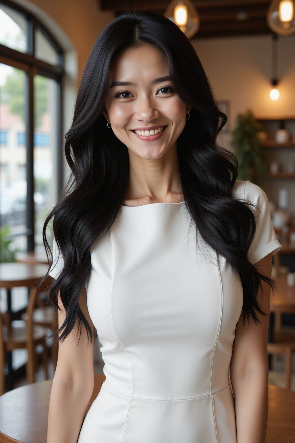 This is a  beautiful photograph of a woman, black hair cascading over her shoulders. She is wearing a white boatneck dress, Standing in a cafe. Looking at the viewer. Smile.