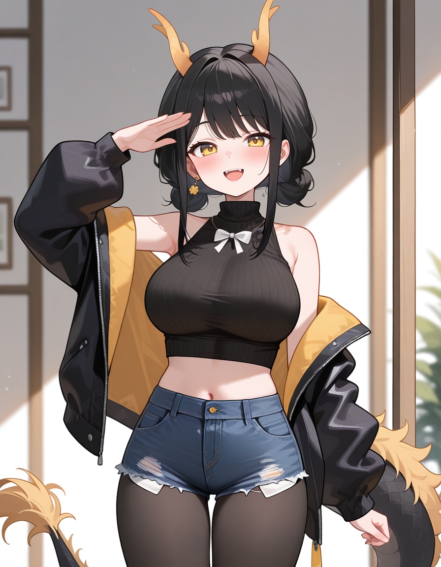 <lora:lmsm:0.8>,lmsm,1girl,bare shoulders,1girl,solo,yellow eyes,black hair,horns,tail,crop top,looking at viewer,sleeveless turtleneck,open jacket,hi ye,pantyhose,black hair,:d,shawl,bow,cutoffs,shading_eyes,masterpiece,best quality,amazing quality,very awa,absurdres,newest,very aesthetic,depth of field,highres,