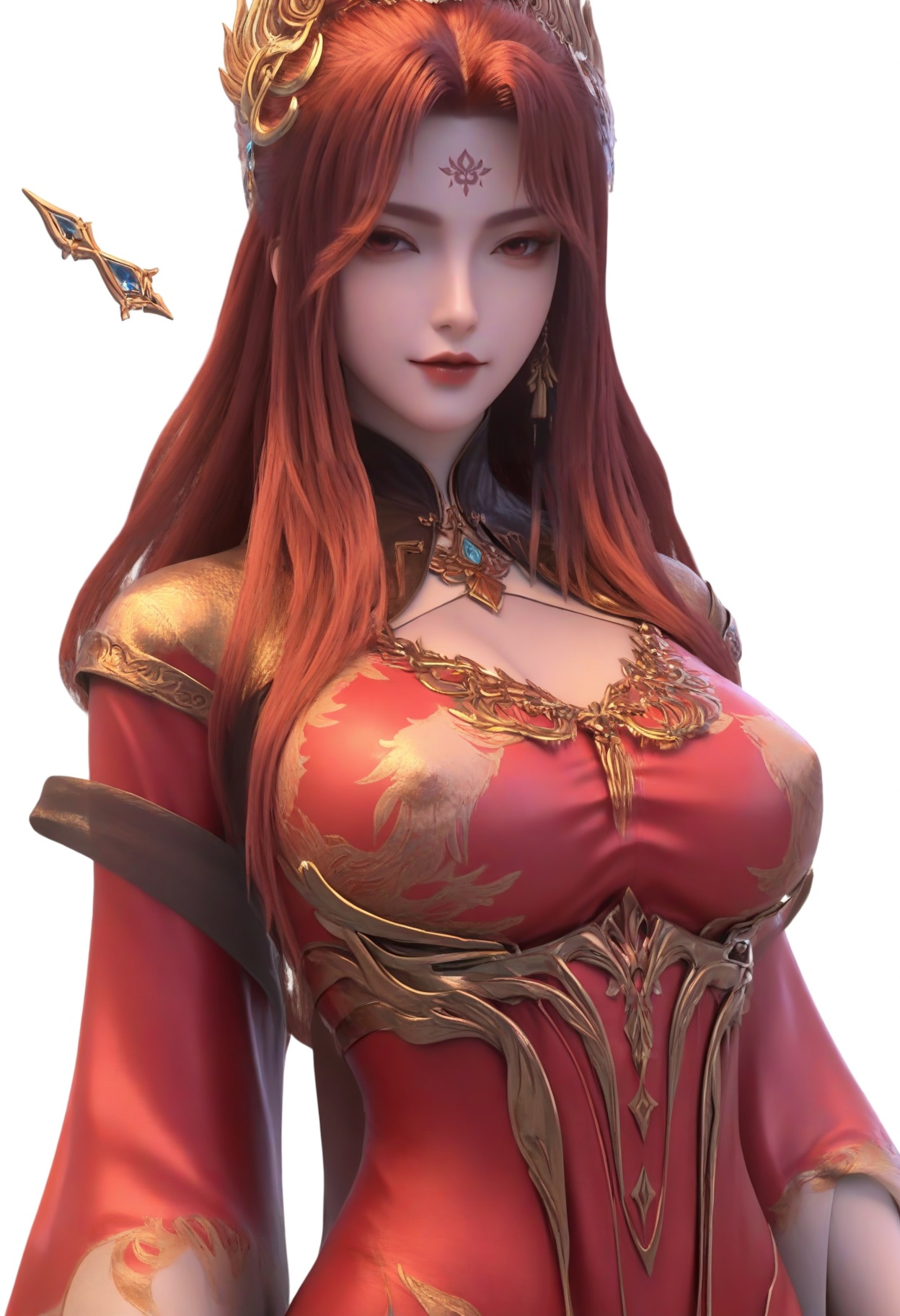 score_9,<lora:SF_FeiYueNvDi_Pony_Realism2.3-000003:0.7>,1girl,solo,red dress,bangs,jewelry,facial mark,forehead mark,red hair,large breasts,standing,tassel,long hair,fair_skin,white_skin,Ivory_skin,looking at viewer,white background,