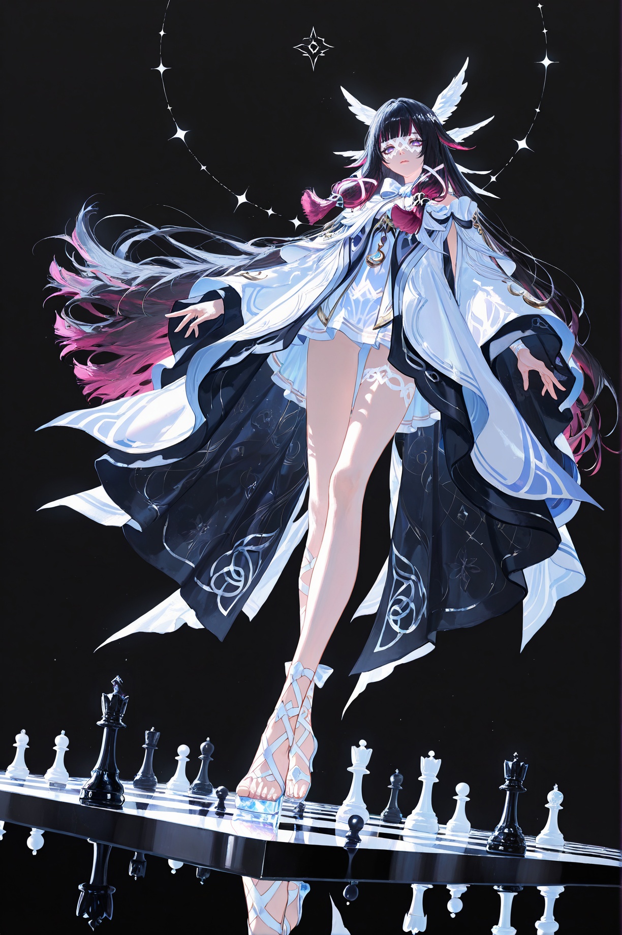 masterpiece,best quality,good quality,high resolution,8K UHD,photorealistic,(artist:quasarcake:0.8),extreme aesthetic,(wlop:0.6),(honjou raita,lack,rella,wanke:0.5),<lora:ponyv6_noobV1_2_adamW-000017:0.25>,<lora:anato_finnstark_illust_v10-000015:0.3>,<lora:ck-shadow-circuit-IL-000012:0.3>,in the style of cksc,<lora:flatline_v2_-_Illus_x_Niji:0.3>,Flatline,Flat vector illustration,<lora:jiaocha_illustriousXL:0.3>,dynamic dutch angle,from below,simple_black_background,black and white theme,Sense of coordination,sense of order,mathematics beauty,(((cover design))),(((((cover art))))),((trim)),album_art,official art,(Master's work),chessboard,chess,white geometry,black geometry,reflection,crystal_art,pattern_design,creative,Mystery pattern,black crystal decorate,black crystal,(architectural art),((geometric art)),pattern design,creative,------,Low saturation,grand masterpiece,Perfect composition,film light,light art,<lora:Columbina-will-Tanger-000014:0.7>,Columbina \(Genshin Impact\),clothes: Columbina def white dress,Columbina def hair ornament,Columbina's netting eye mask,1girl,long hair,bangs,black hair,multicolored hair,white dress,purple eyes,