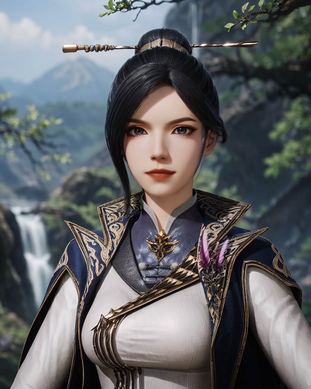 <lora:zhouyi:0.8>,zhouyi,(upper body),(looking at viewer),1girl,solo,light_smile,black_single_hair_bun,hair ornament,hairpins,hair stick,high collar,chinese clothes,nature,bush,mountains,(waterfall:1.1),river,mist,sun rays through branches,soft focus,depth of field,