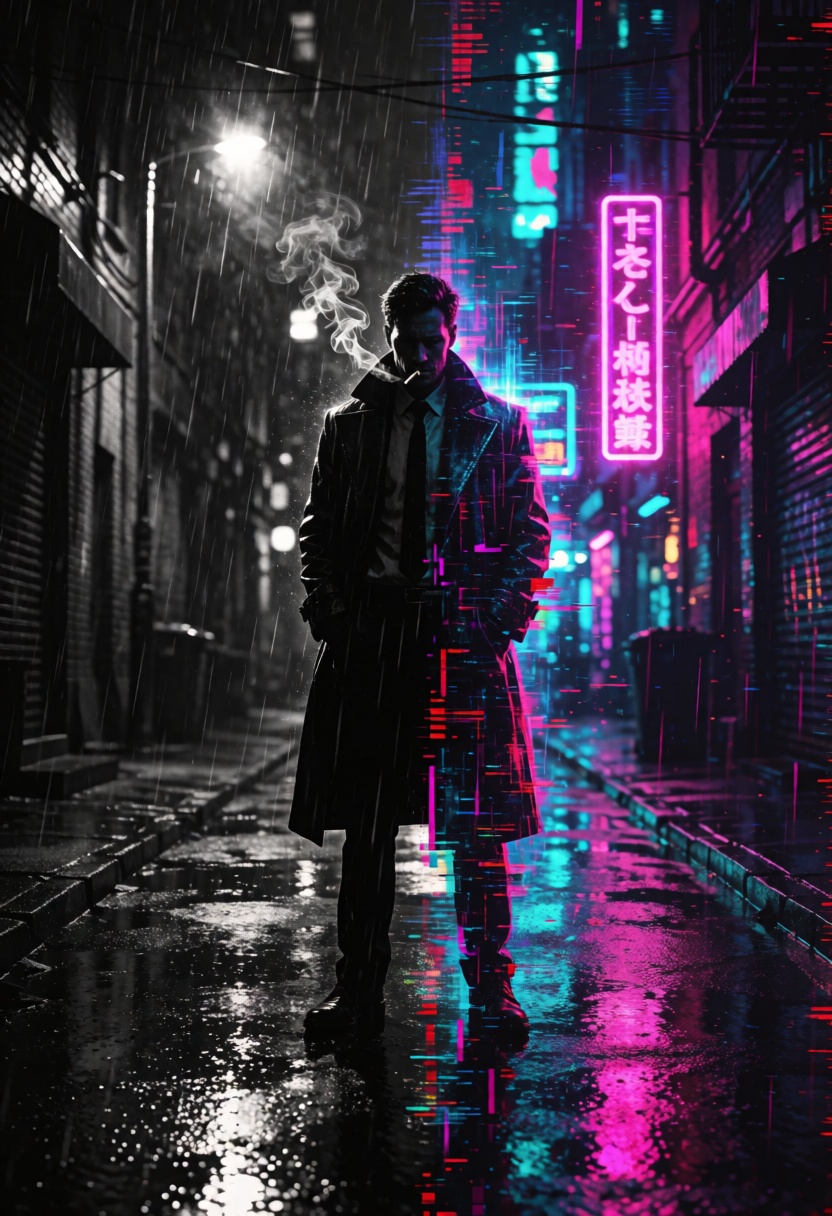 ta86_realityfracture,  a lone man standing in a rain-soaked alley at night,  medium shot on Tensor.Art