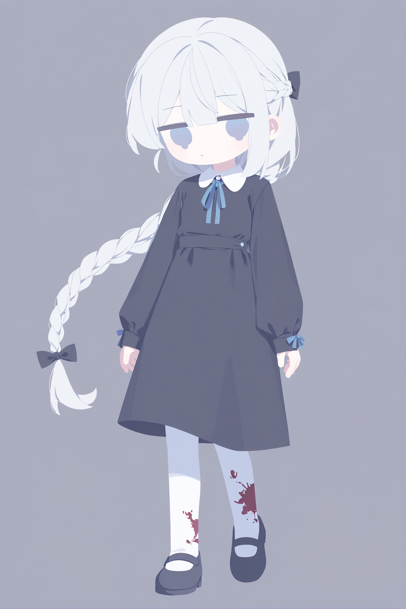 ƎWꓤOꓞWI,1girl,braid,solo,dress,black dress,long hair,grey background,long sleeves,full body,blue eyes,shoes,blue ribbon,bow,collared dress,black footwear,hair bow,blood,ribbon,pantyhose,looking at viewer,neck ribbon,simple background,black bow,mary janes,arms at sides,expressionless,very long hair,no mouth,white hair,standing,white pantyhose,walking,no sclera,no nose,floating hair,french braid,blood on clothes,puffy sleeves,closed mouth,dot mouth,blunt bangs,sleeves past wrists,braided ponytail,puffy long sleeves,gradient eyes,blue bow,heel up,grey hair,black ribbon,jitome,no lineart,