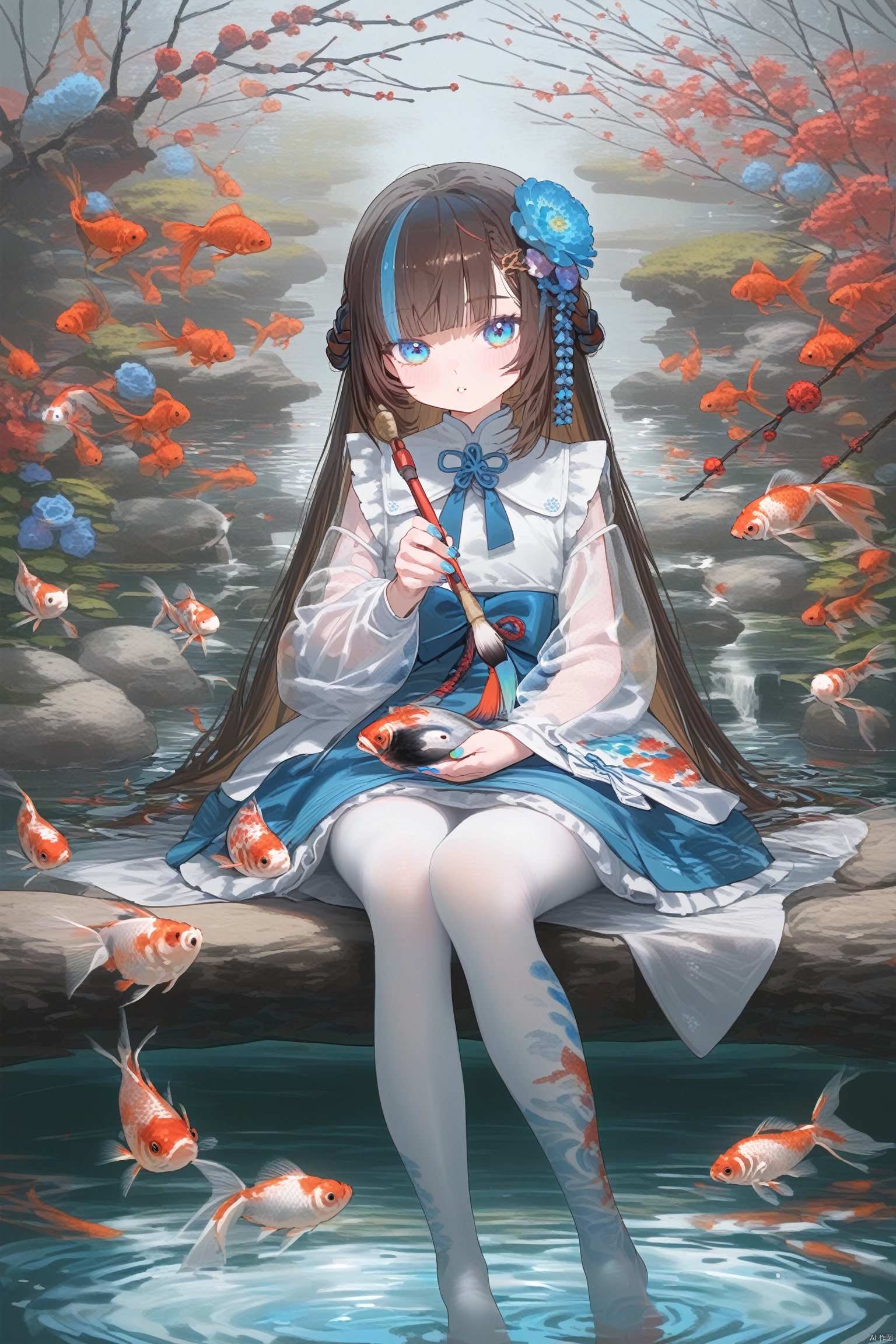 1girl, paintbrush, flower, blue eyes, solo, hair ornament, sitting, hair flower, brown hair, fish, calligraphy brush, holding, blue flower, branch, koi, bangs, streaked hair, water, holding paintbrush, multicolored hair, long sleeves, looking at viewer, blue nails, nail polish, bow, goldfish, white pantyhose, braid, see-through sleeves, parted lips, dress, plant, pantyhose, long hair, frills