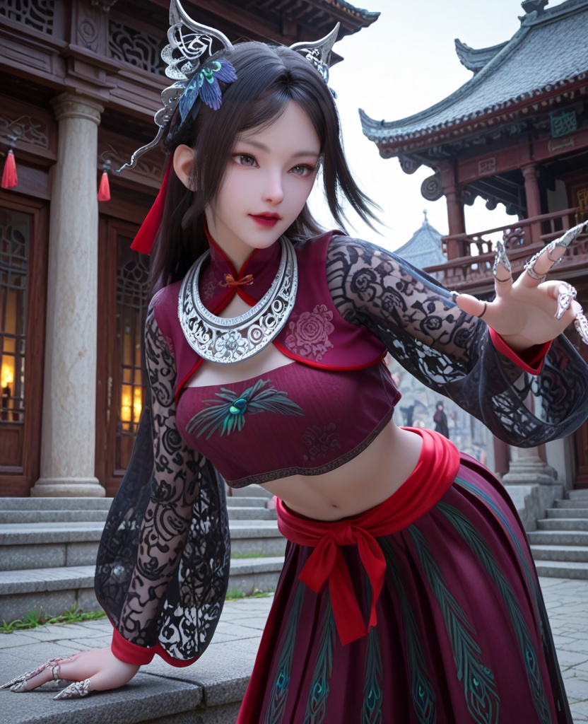 (oriental architecture, elegant decor, sophisticated style:1.1),(Leaning forward with a hand extended, fingers reaching towards an unseen object, she portrays curiosity and desire:1.1),(breasts:1.2),<lora:XL少年歌行慕雨墨:0.95>,miss muyvmo,red crop top,pleated skirt,black hair,hair ornament,long hair,silver collar,black lace long sleeves,claw ring,heterochromatic eyes,lips,midriff,, score_9,score_8_up,score_7_up,score_6_up,score_5_up,score_4_up,3d rendering,tag1,tag2, Cinematic Lighting,backlighting,