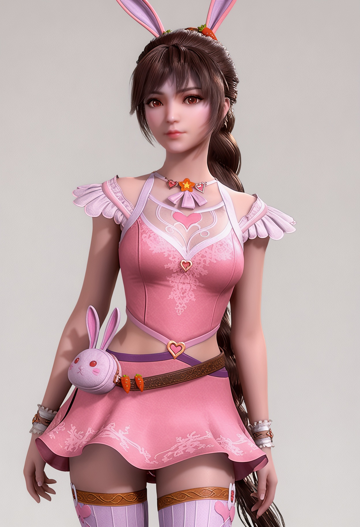 score_9,high detail,best quality,shiny skin,shiny,xiaowuqn,1girl,solo,brown eyes,brown hair,ponytail,rabbit ears,long hair,pink dress,dress,white background,realistic,simple background,hair ornament,closed mouth,jewelry,heart,breasts,pink skirt,belt,thighhighs,looking at viewer,thighs,<lora:QQSponyxiaowuqnV1:0.8>,<lora:Pony_DetailV2.0:0.8>,<lora:皮肤凹痕:0.1>,