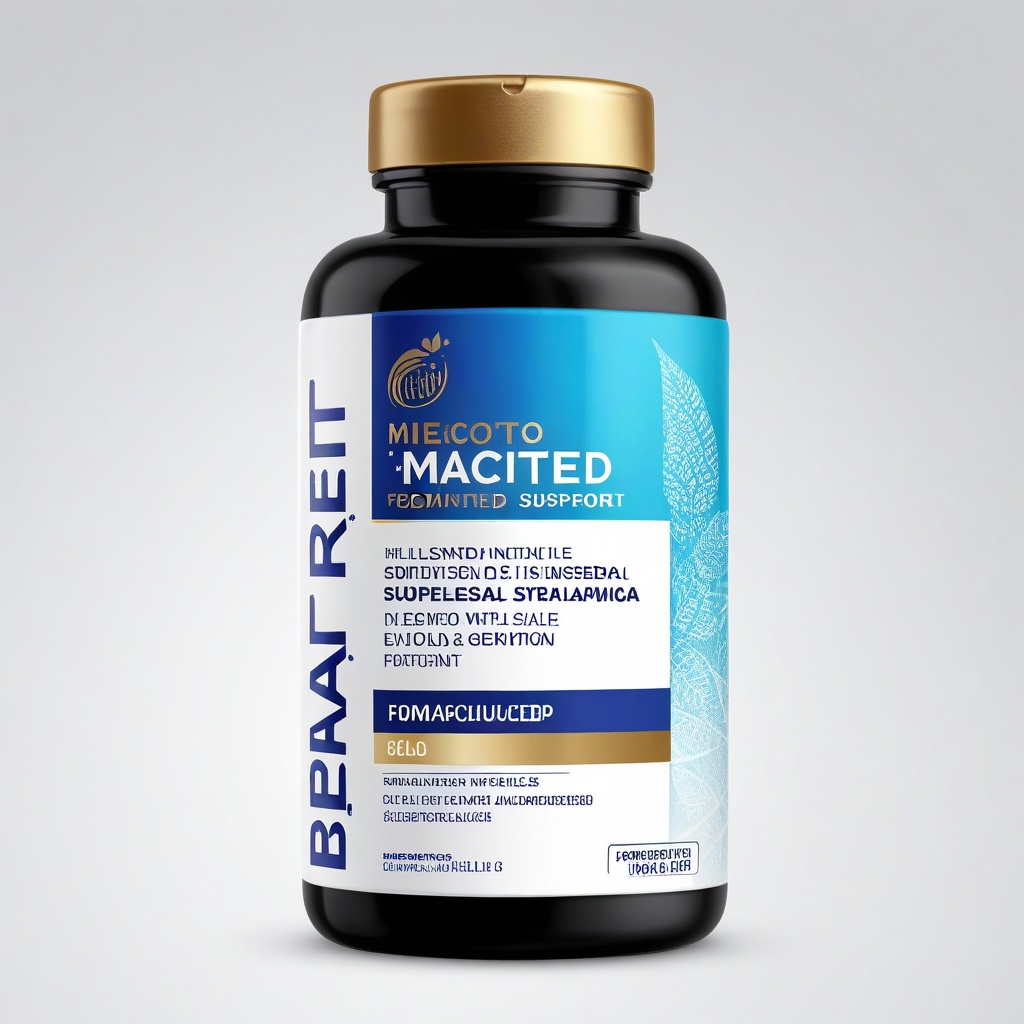 (Black glossy plastic bottle with smooth and reflective surface:1.3), (solid texture:1.3), (black spiral bottle cap with slight matte texture:1.2), (highlights reflecting natural light from upper left:1.2), (rounded bottle shape with seamless connection between cap and body:1.3), (front label with blue gradient background changing from dark blue to light blue:1.3), (metallic luster on the gradient:1.2), (brand logo "hebalma" in stylish sans serif font:1.2), (green and blue leaf patterns surrounding the brand logo:1.1), (main title "NEW, GELATINIZED MACA" in bold white font with slight 3D effect:1.3), (metallic blue border around the text:1.2), (sub-title "COLD PROCESSED TO PRESERVE NUTRIENTS" in bright gold font to enhance luxury:1.3), (function description area with small white font, evenly arranged:1.1), (describing effects of enhancing energy, improving endurance, and ************ support:1.1), (bottom information in black and blue rectangular background blocks:1.2), (white font indicating "120 Capsules," "500 mg per capsule," "1.6 Concentration":1.2), (neat and clear layout:1.2), (label on the right displaying "Supplement Facts" in black font on white background with subtle gray border:1.2), (simple and clear layout with slight glossy border around the label, enhancing visual hierarchy:1.2), (overall style is modern and technological, suitable for high-end sports nutrition market positioning:1.2), (bottle conveys a professional and reliable impression:1.1), (overall design exudes power and has an attractive display effect, suitable for 3D product display on e-commerce platforms:1.2).