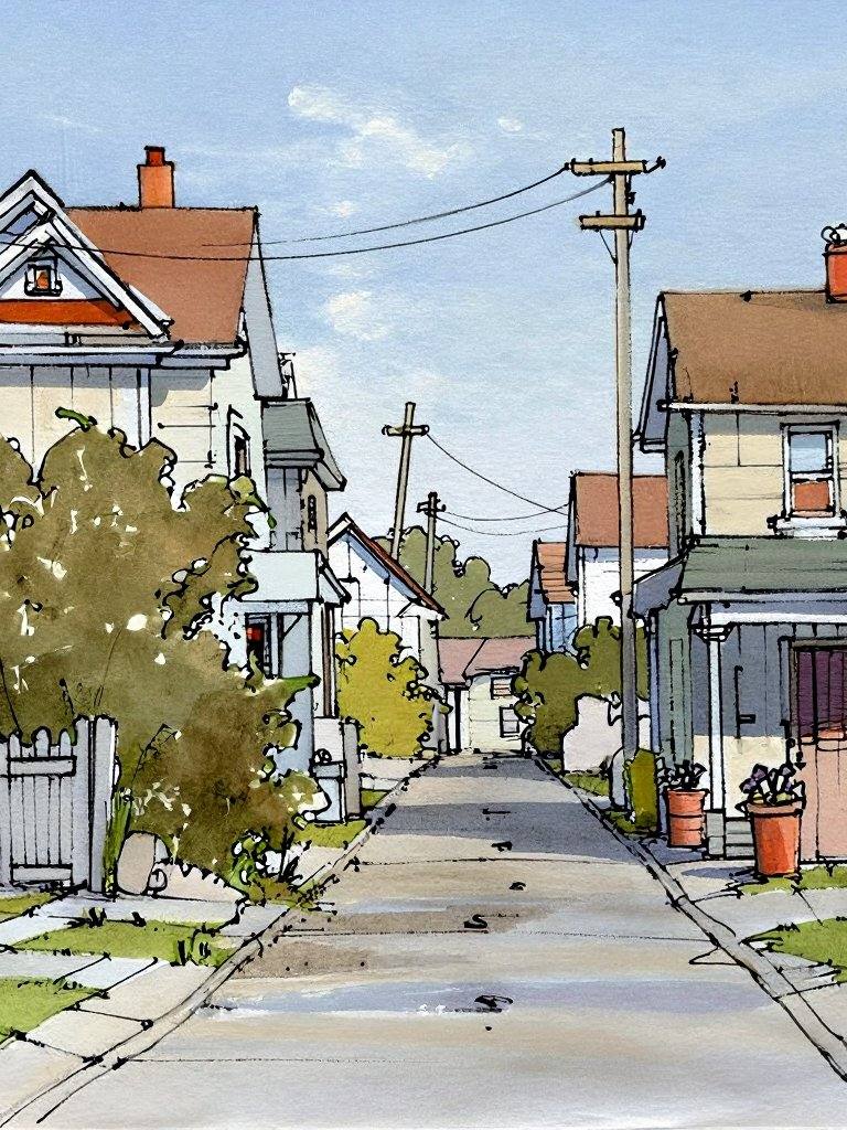 - Quiet residential street watersketchy,  architect-style line pen sketch,  short strokes on Tensor.Art