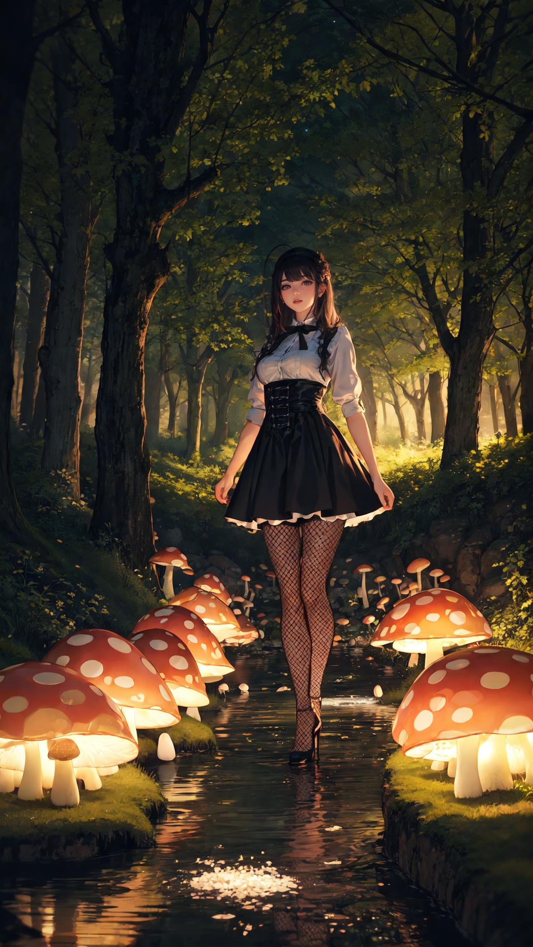 fishnet  pantyhose,high heels,***** Alice in wonderland standing in stream, large mushrooms in background , highly detailed,  Beautiful lighting, photoreal, 4k, depth of field, night scene, light from godrays shining on ground,<lora:merged_0013:0.6>,