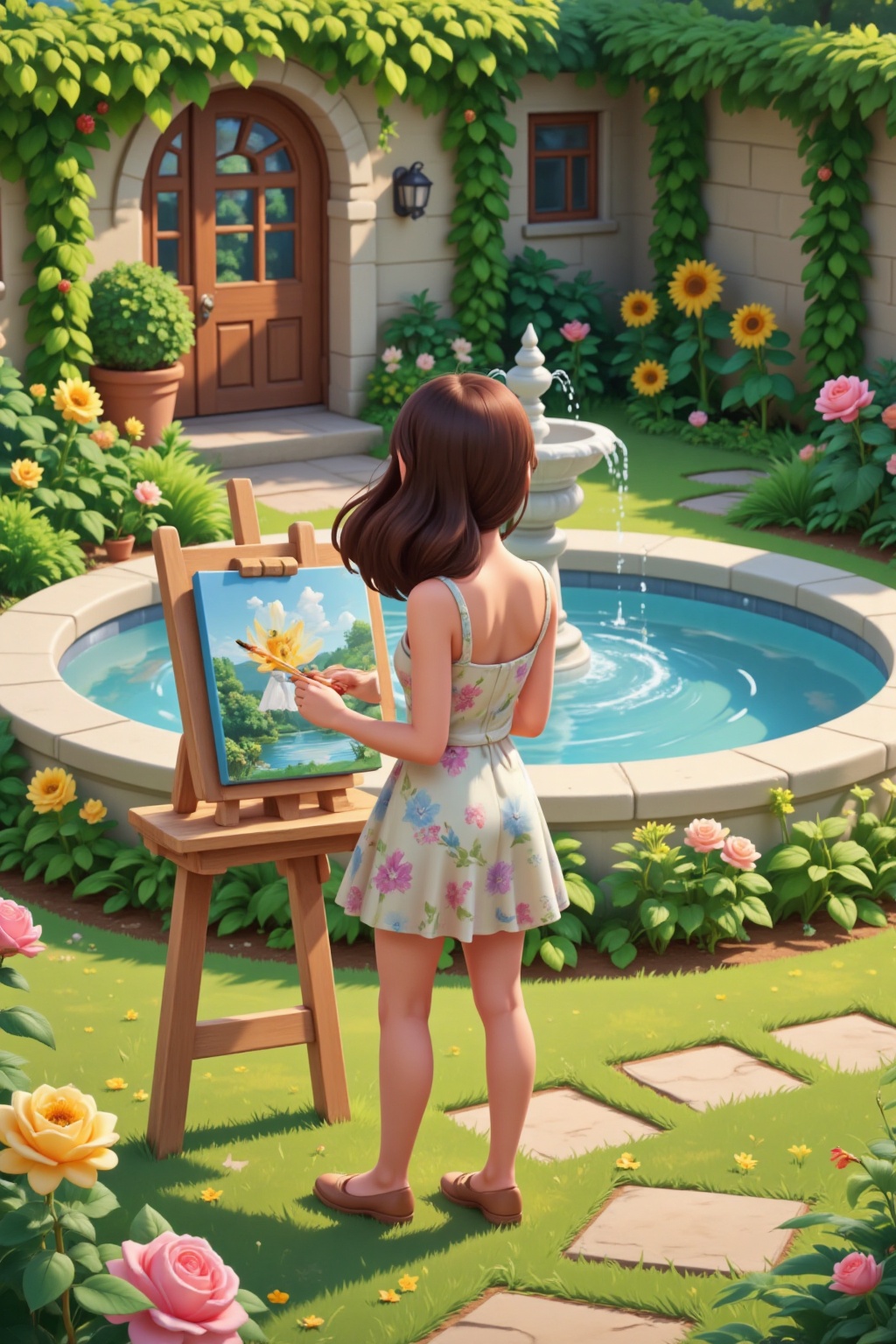 ,An isometric illustration of a Western business scene design, featuring a girl in a garden painting at an easel. She stands elegantly before her canvas, wearing a light sundress with delicate floral patterns and soft pastel colors. Her hair flows gently in the breeze, captured mid-motion as she works on her artwork. The easel is wooden with a slightly weathered texture, holding a vibrant painting that reflects the beauty of the surrounding garden.The garden itself is lush and detailed, filled with a variety of plants including rose bushes, tall sunflowers, and ivy climbing up nearby walls. At its center sits a marble fountain, its surface reflecting sunlight in shimmering ripples. Small stone paths wind through the greenery, adding depth to the composition. The perspective focuses closely on the girl and her surroundings, creating an intimate atmosphere while maintaining the clarity of every element in this meticulously designed isometric view. (Soft natural lighting enhances textures and shadows throughout the scene.)