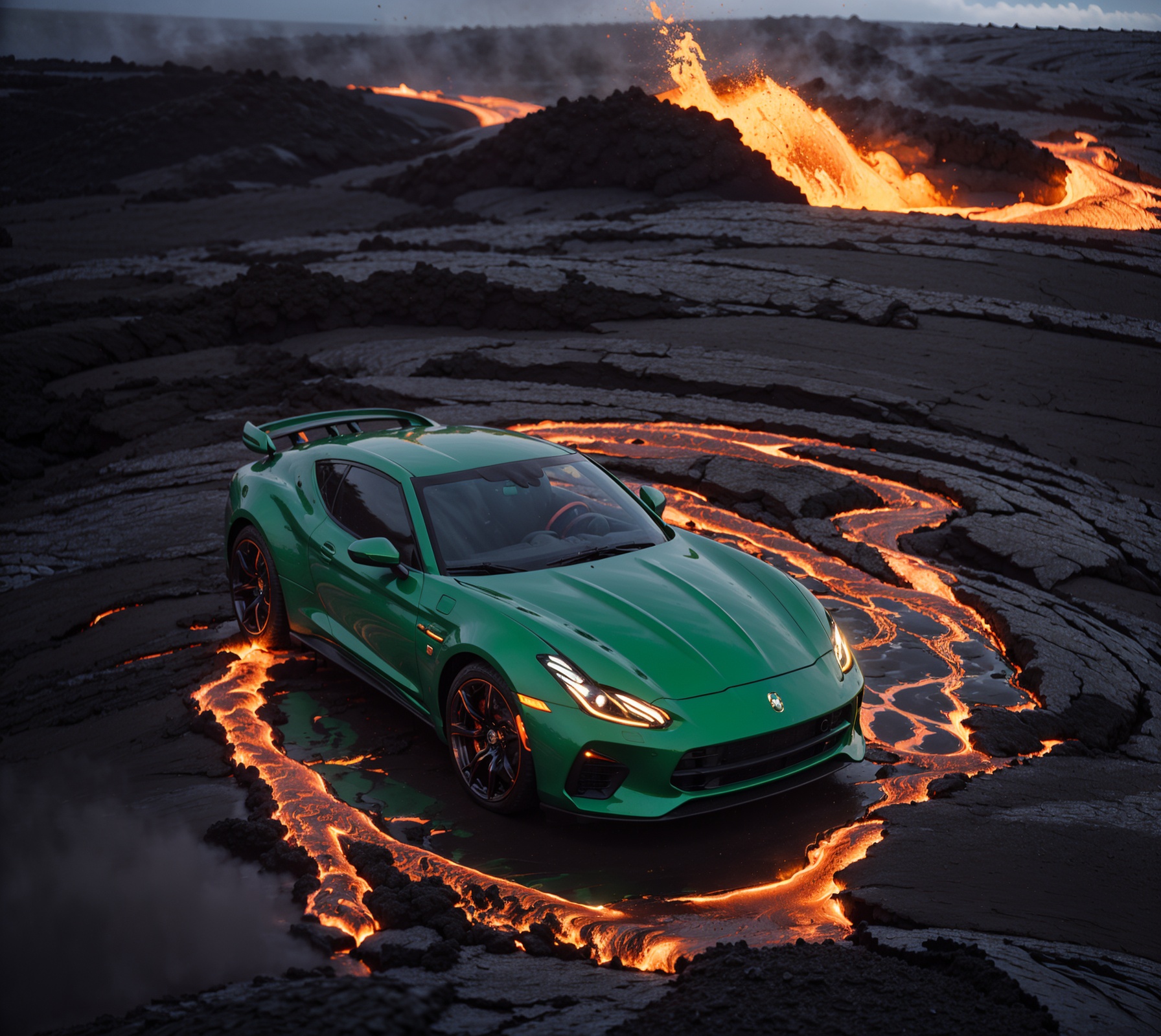 Master piece,highly detailed,best quality,high resolution,(lava flow\(glowing, full of prospects, flow on volcanics, surrounding sports car\):1.2),no humans,realistic,full shot,depth of field,foreground\(full of lava, no volcanics, no black stone\),(a green sports car\(parking on volcanics, surrounded by lava flow\):1.2),wide_shot,