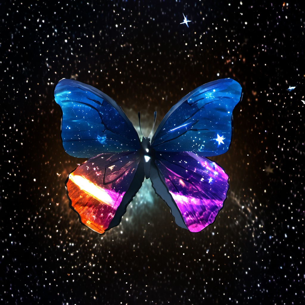 <lora:star_xl_v2:1>,a butterfly with a colorful wing is shown in the dark sky with stars and a bright light coming from the wing, solo, outdoors, wings, sky, no humans, bug, butterfly, nature, scenery, forest, flying, sunset, silhouette, butterfly wings, cloud, star \(sky\), starry sky, pillar, The image showcases a vividly colored butterfly with wings that appear to be made of a translucent material, revealing a cosmic scene within. The wings are predominantly blue with hints of pink and orange, reminiscent of a galaxy or nebula. The background is dark, possibly representing a night sky or a rocky surface, and is adorned with sparkling stars and a bright shooting star. The butterfly's body is black, contrasting sharply with the vibrant wings., image, translucent material, cosmic scene, galaxy or nebula, dark background, sparkling stars, bright shooting star