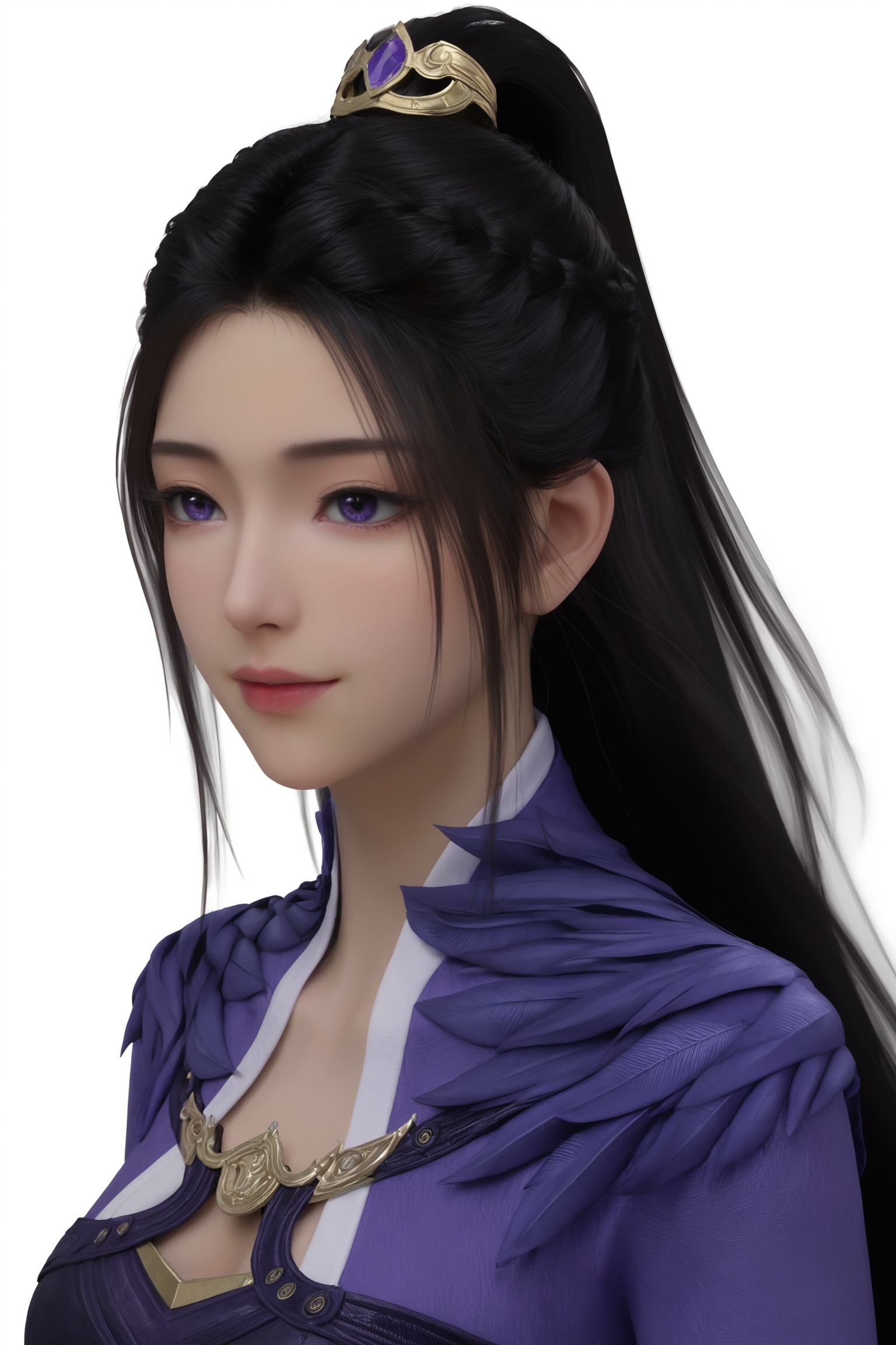 realistic stylewhite background,upper body,<lora:凡人修仙传-紫灵-结丹中期Pony:0.7>,long,straight black hair,purple eyes,golden crown,flowing,deep purple gown with intricate gold accents,including a high collar and a belt with a large,round,golden buckle,