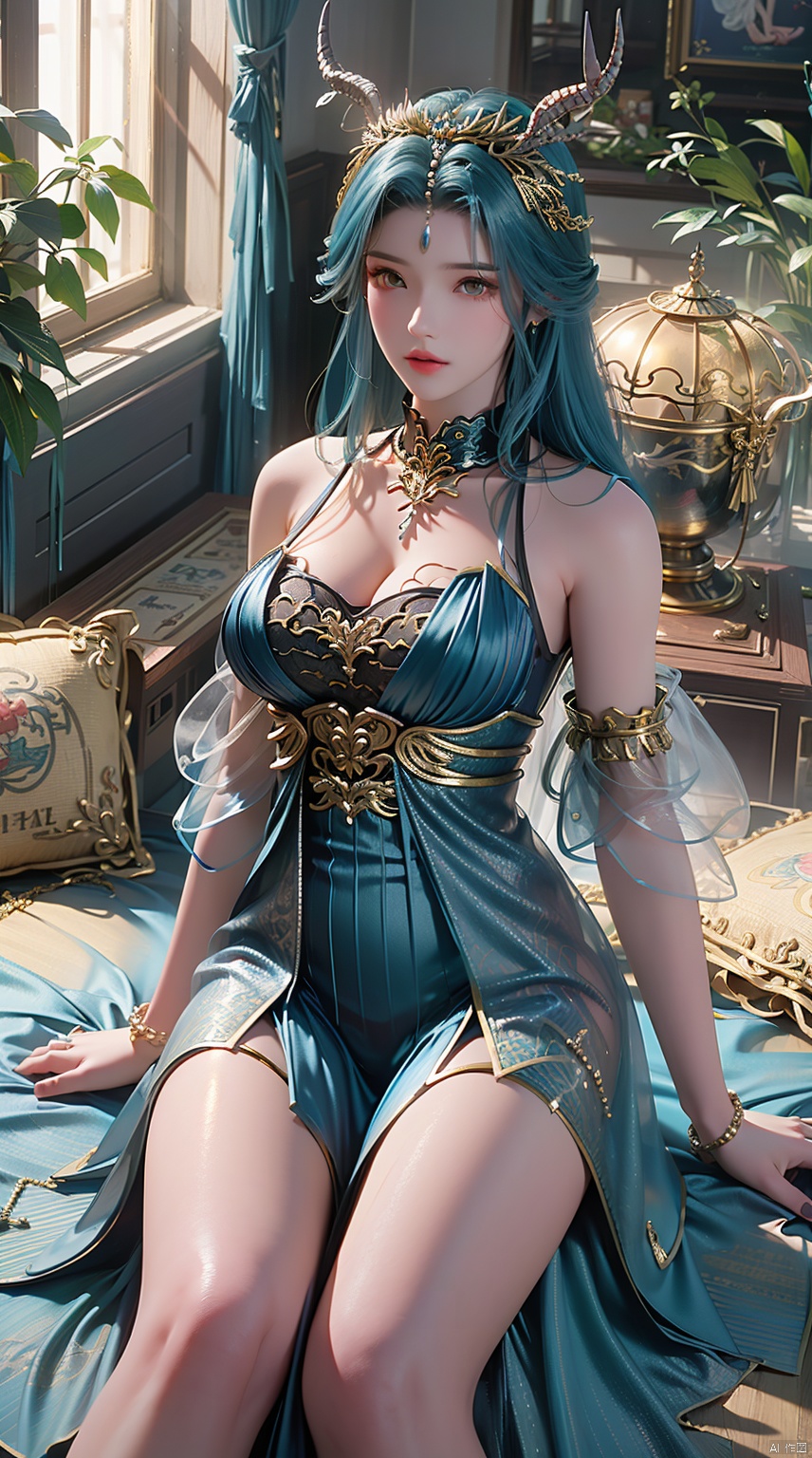 bestquality,ultradetailed,beautifuldetailedface,completeanatomy,langnu,1girl,blue hair,crown,gem,gold,jewelry,long hair,looking at viewer,yellow eyes,forehead jewel,necklace,(horns:1.4),hair ornament,blue dress,dragon girl,earrings,bare shoulders,((poakl)),cleavage,strapless underwear,bare shoulders, breasts,(Indoor:1.4),(Lying in bed:1.4),Beautiful thighs, (Dew thigh:1.4)without straps,sleeveless, armband,Bed, pillows, sheets, lying down,Barefoot,GuoFengTangBoHu<lora:EMS-346315-EMS:0.700000>, <lora:EMS-421771-EMS:0.700000>, <lora:EMS-404389-EMS:0.800000>