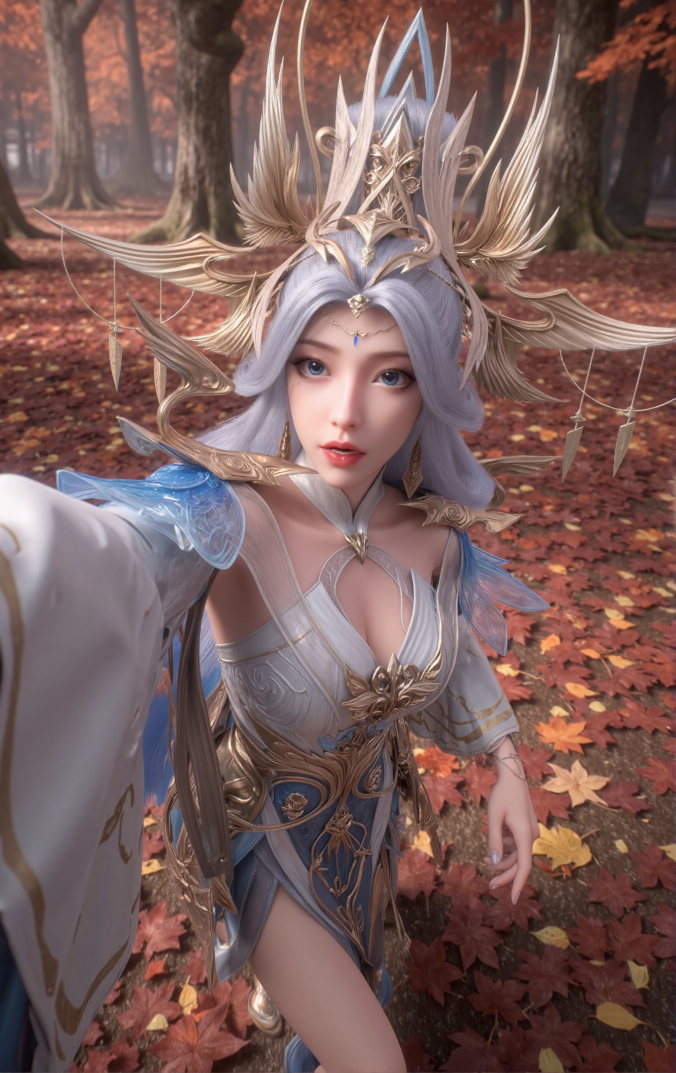A self of Ningyudie,A self-portrait of an elegant fantasy female character with celestial beauty and a mystical aura,featuring long flowing silver hair,bright blue eyes,red lips,and delicate facial features. She wears an ornate fantasy armor-dress hybrid in white,blue,and gold tones,with feather-like extensions and intricate gold accents. Her attire is complemented by a large ornate headdress with feathers and gold,along with detailed earrings and a necklace showcasing a large blue gemstone. The character is taking a selfie with a shocked expression,one arm extended forward as if holding a camera or smartphone,in a running pose. The shot uses Dutch angle (tilted lens) and motion blur,adding a sense of unease and tension. Behind her,the scene shifts to a beautiful autumn maple forest with leaves falling gently through the air,creating a serene yet dynamic backdrop. The ground is covered with a thick layer of fallen maple leaves in shades of red,orange,and yellow. Rays of sunlight pierce through the canopy,casting soft shadows on the forest floor. The atmosphere feels calm and peaceful,contrasting sharply with the tense posture of the character. Fantasy art style,high detail,cinematic lighting,4K ultra HD.,