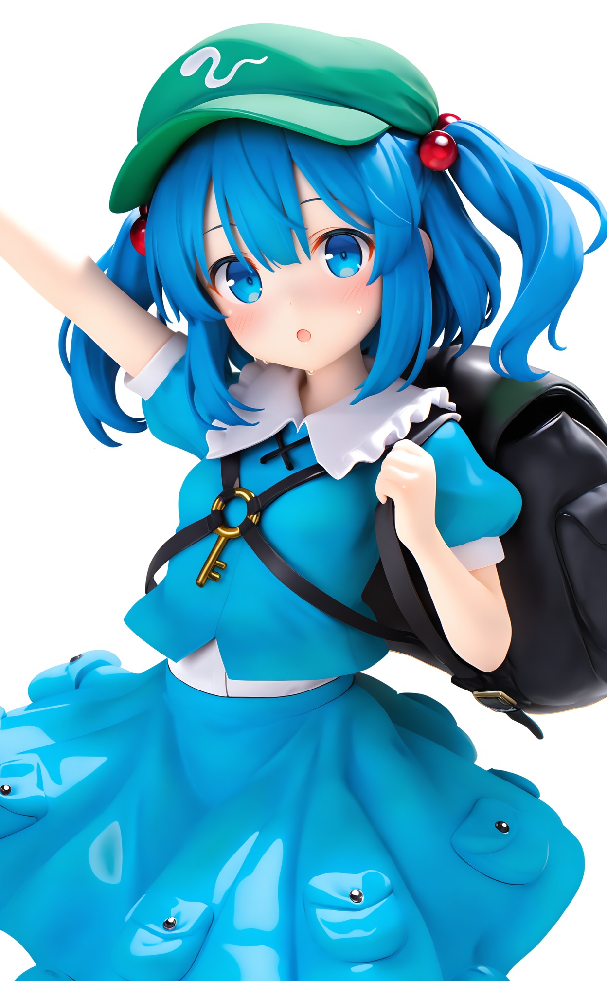 masterpiece,absurdres,best quality,loli,petite,high quality,chromatic_aberration,//,1girl, kawashiro nitori, solo, backpack, bag, key, blue hair, white background, blue eyes, hat, simple background, green headwear, hair ornament, hair bobbles, shirt, blue shirt, skirt, two side up, flat cap, blue skirt, short sleeves, medium hair, looking at viewer, open mouth, black bag, sweat, upper body, blush, one-hour drawing challenge, :o, pocket, arm up, collared shirt, hair between eyes, puffy sleeves, short twintails//,<lora:PVC7——【noob】hans:1>,