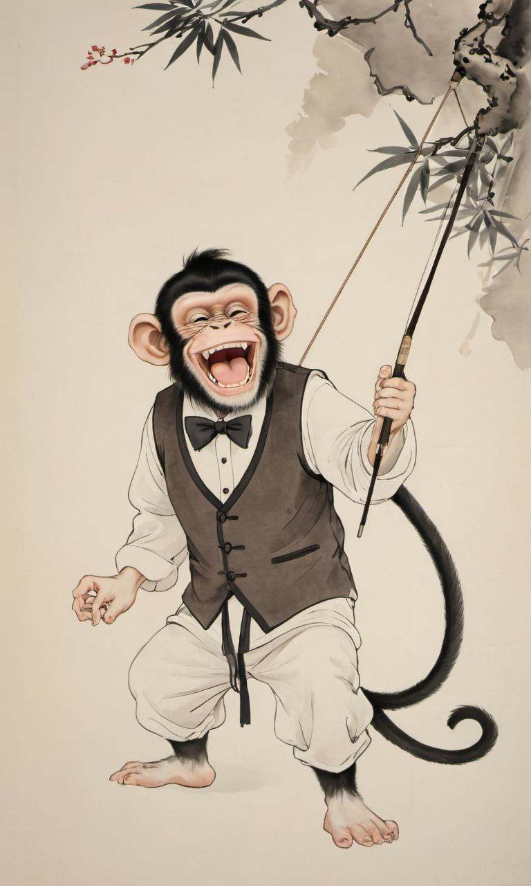8k, masterpiece, best quality, 2D, traditional chinese ink painting, vest,1 (Lewd laugh:1.7) monkey is putting a Bow, big mouth,simple background,