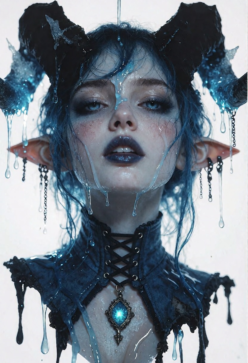 an ***** woman in her early twenties with flawless smooth airbrushed skin with no blemishes,  pale skin,  blue hair with b...