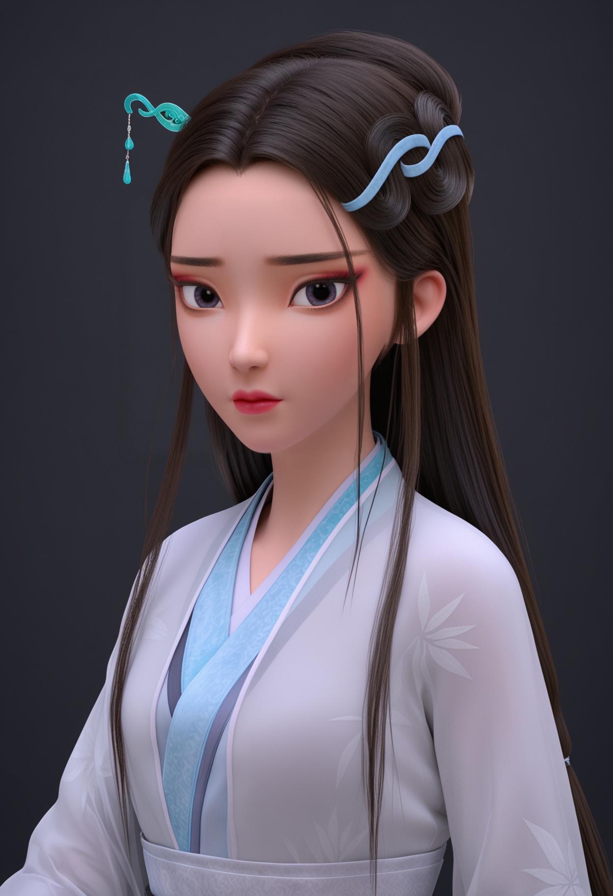 (perfect_anatomy:1.1),(upper_body:1.1),(looking_at_viewer:1.1),<lora:YQ_pony_baishe_V7:0.8>,1girl,q1528437228,solo,long hair,black hair,hair ornament,makeup,red lips,black eyes,chinese clothes,long sleeves,hanfu,brown hair,realistic,sash,brown eyes,eyeshadow,forehead,lipstick,hair bun,ribbon,hair ribbon,wide sleeves,dress,hair stick,low-tied long hair,sandals,see-through,blue eyes,white ribbon,ponytail,headband,single hair bun,hair pulled back,(looking_at_viewer:1.1),perfect_anatomy BREAK perfect_anatomy,solo focus,(score_9:1.2),masterpiece,(best quality:1.1),(simple background,pure black background,black background:1.1),perfect_anatomy,