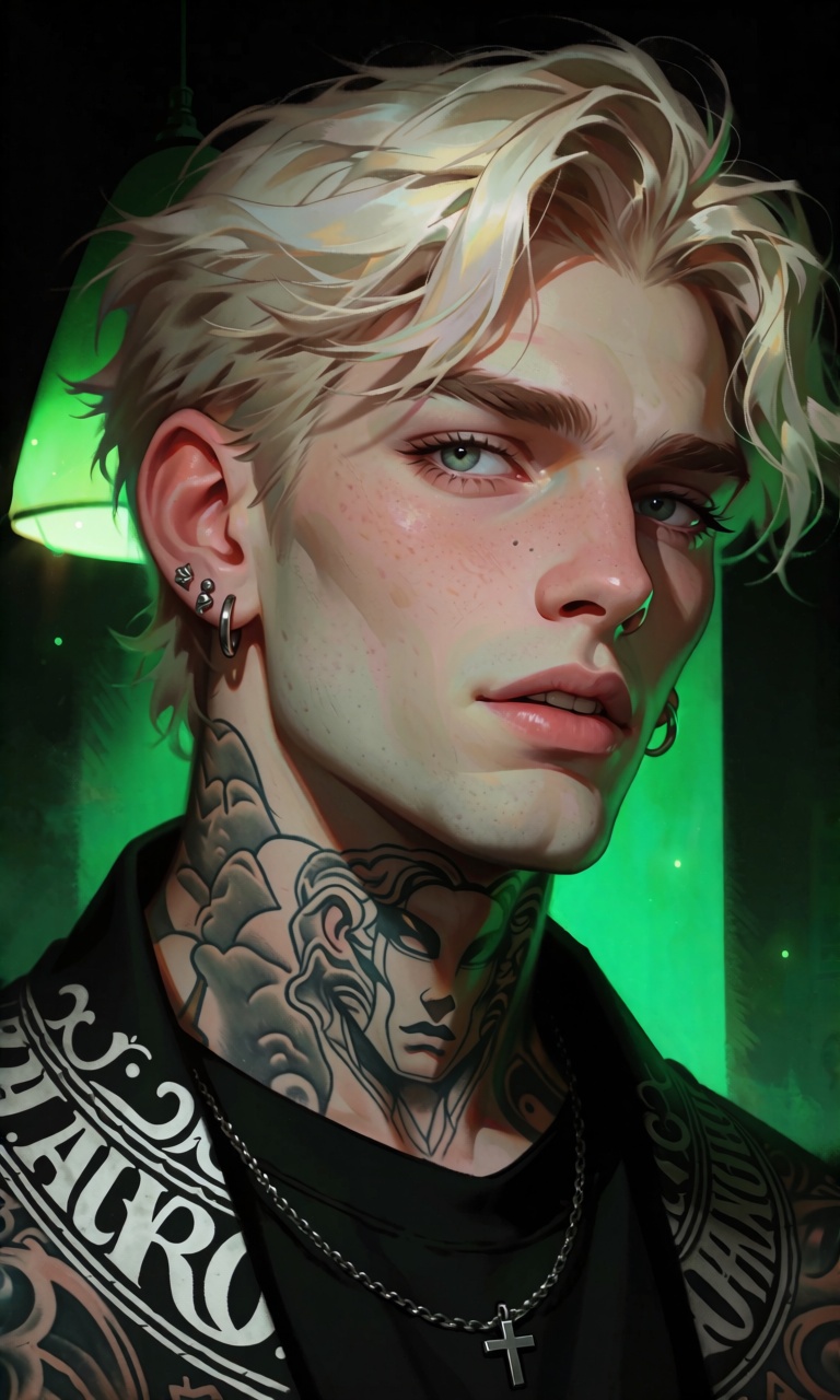 A high-definition photographic portrait of a young man with a slight head tilt and a serene facial expression. The medium...