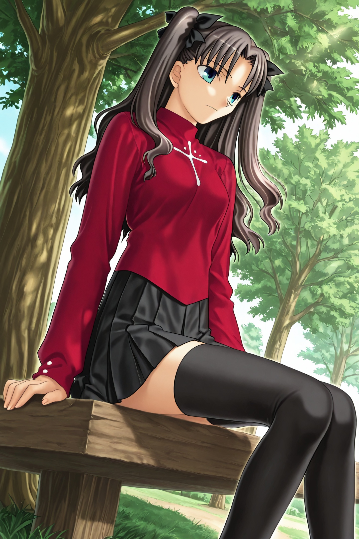 Fate stay night Style,1girl,tohsaka rin,solo,thighhighs,long hair,black thighhighs,black hair,turtleneck,two side up,blue eyes,skirt,long sleeves,outdoors,day,zettai ryouiki,sitting,dutch angle,tree,<lora:Fate stay night_illustriousXL:1>,