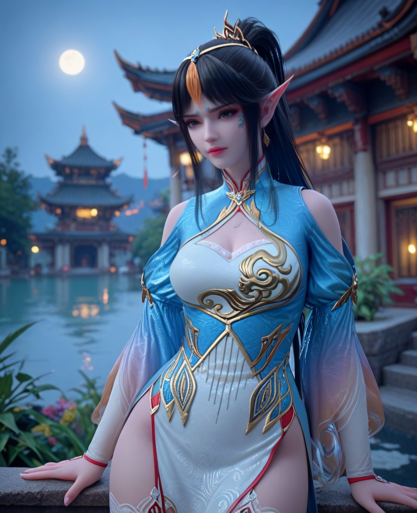 (oriental architecture, elegant decor, sophisticated style:1.1),(soaked:1.1),looking at viewer,(breasts:1.2),<lora:XL斗破苍穹凤清儿:0.95>,1girl,black hair,long hair,ponytail,tassel,hair ornament,pointy ears,black eyes,dress,clothing cutout,cleavage cutout,breasts,thighhighs,facial mark,, score_9,score_8_up,score_7_up,score_6_up,score_5_up,score_4_up,3d rendering,tag1,tag2, Cinematic Lighting,backlighting,, zPDXL3, zPDXL2,zPDXL, zPDXLxxx, zPDXLrl,
