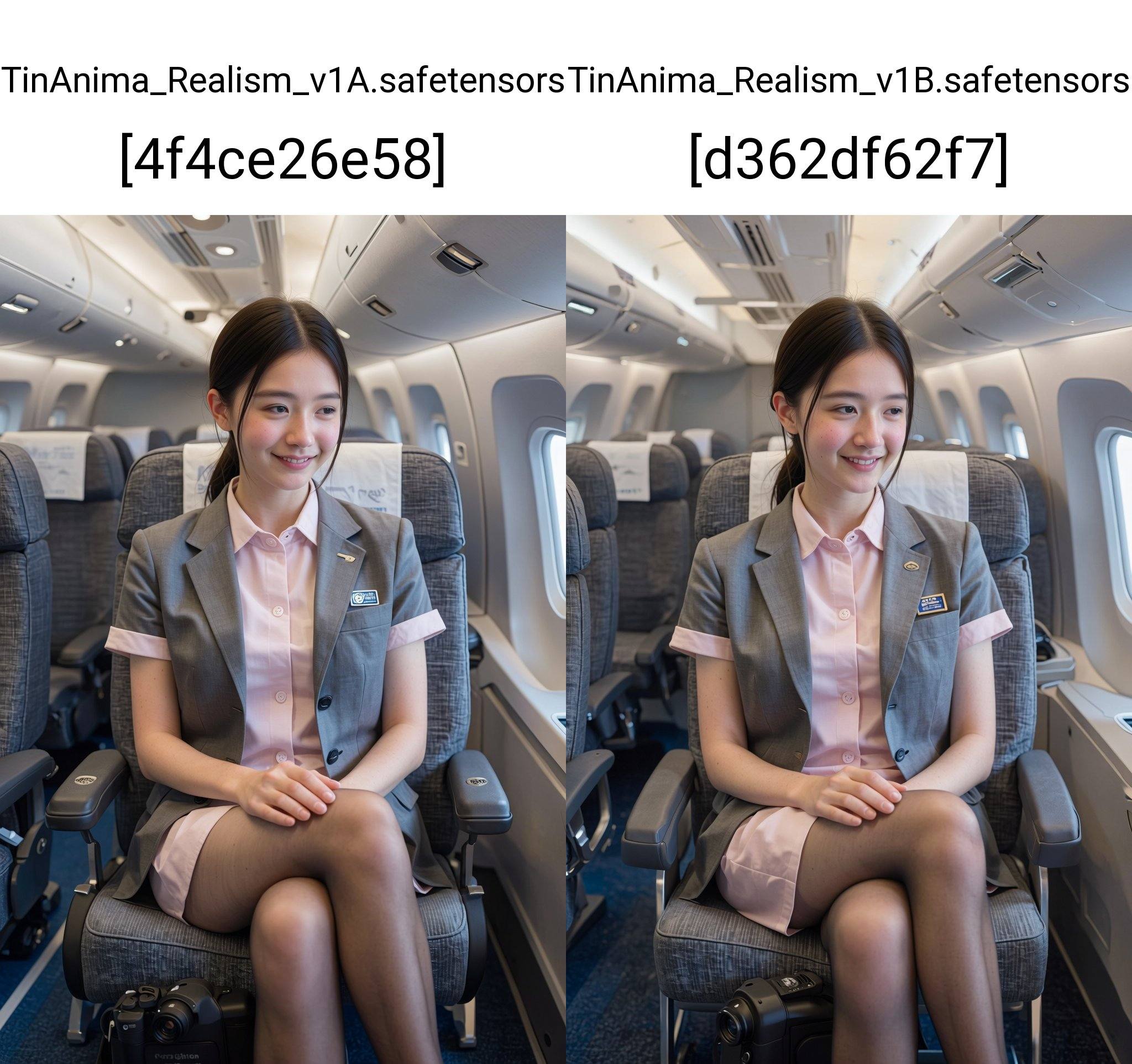 The image is a high-resolution photograph taken inside a commercial airplane cabin. The central subject is a young Asian w...