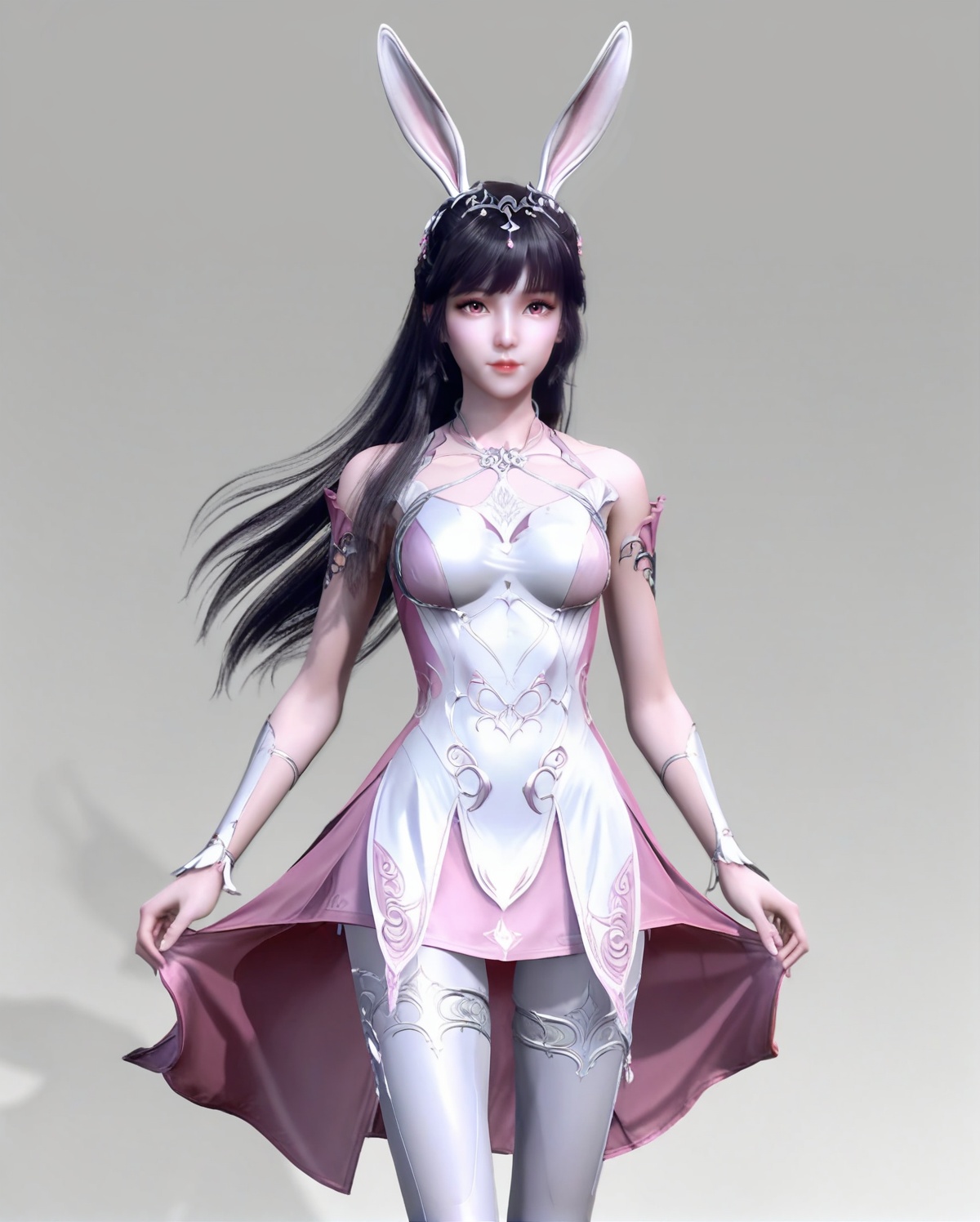 air_skin,white_skin,score_9,<lora:SF_XiaoWu_Pony_Realism-000004:0.7>,pink dress,black hair,long hair,hair ornament,rabbit ears,bangs,shiny,1girl,breasts,medium breasts,standing,pantyhose,solo,looking at viewer,simple background,cowboy_shot,