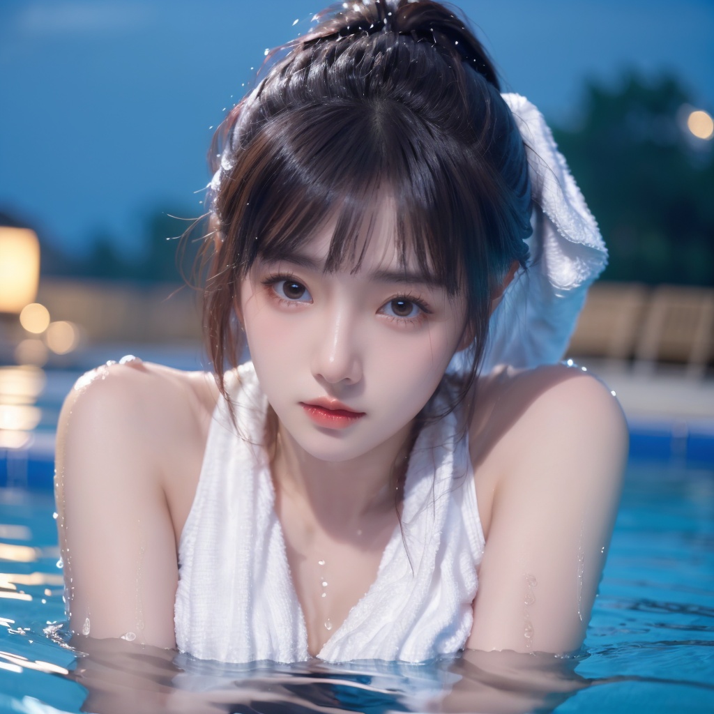 1girl,towel,partially submerged,breasts,brown eyes,lips,water,waves,wet,Pool,Red lips, close-up, water vapor, lighting, at night, <lora:20231109-1699510907344:0.6>