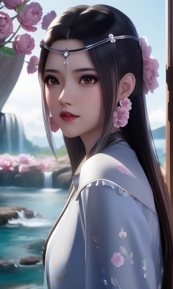 (,1girl, ,best quality, ),looking at viewer, <lora:405-DA-太一剑仙传-孤傲雪:0.8> ,,ultra detailed background,ultra detailed background,ultra realistic 8k cg, , ,masterpiece, (( , )),,, ultra realistic 8k cg, ,      ,peony \(flower\),   waterfall,    (()), (),