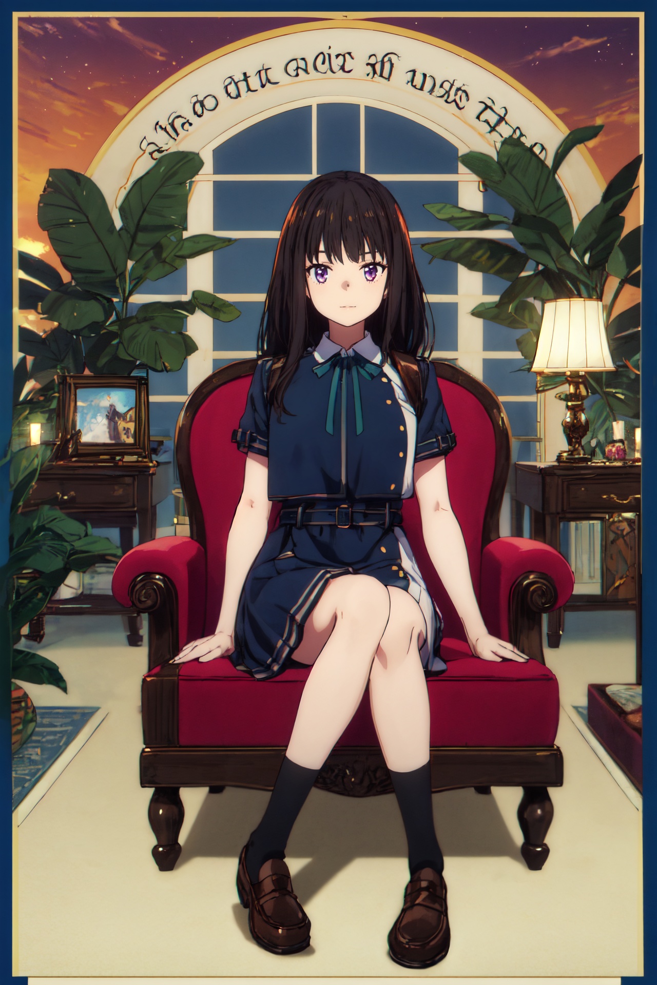 1girl,looking at viewer,solo,black hair,long hair,purple eyes,ribbon,green ribbon,neck ribbon,lycoris uniform,dress,blue dress,two-tone dress,belt,collared shirt,shirt,grey dress,white shirt,socks,black socks,loafers,brown footwear,<lora:takina>,takina_CYQL,(naughty_face,on stomach,portrait,from_below:1.1),beautiful face,beautiful eyes,glossy skin,shiny skin,Four-poster bed, Antique vanity, Velvet armchair, Ornate mirror, Persian rug,Tropical plants, Sunset hues, Exotic foliage, Evening glow, Tropical oasis, Serene atmosphere,beautiful detailed sky,beautiful detailed glow,(movie poster:1.2),(border:1.3),(English text:1.4),posing in front of a colorful and dynamic background,masterpiece,best quality,beautiful and aesthetic,contrapposto,female focus,wallpaper,fashion,<lora:增强减少细节add_detail:0.4>,