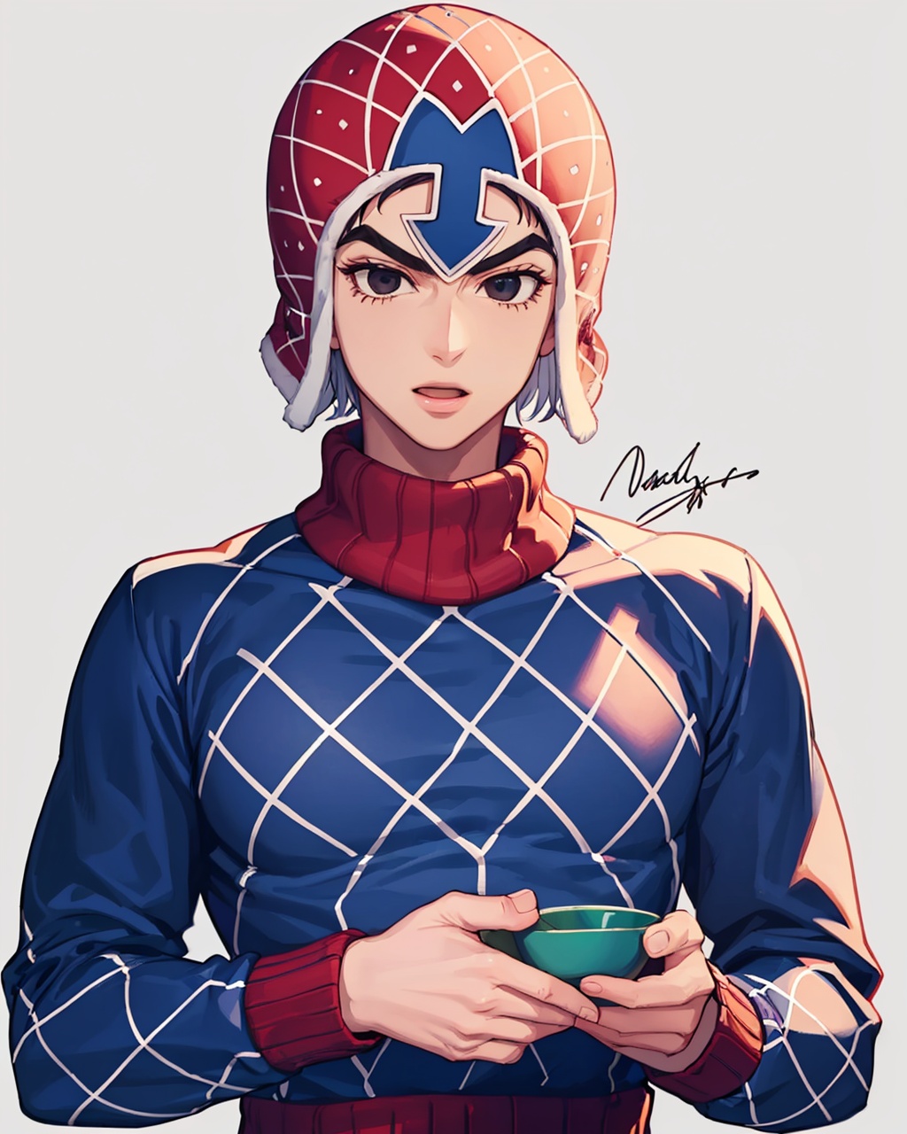 masterpiece,best quality, highly detailed, guido mista,solo, 1boy, male focus, hat, argyle sweater, covering mouth, turtleneck, signature,<lora:guido_mista:1>