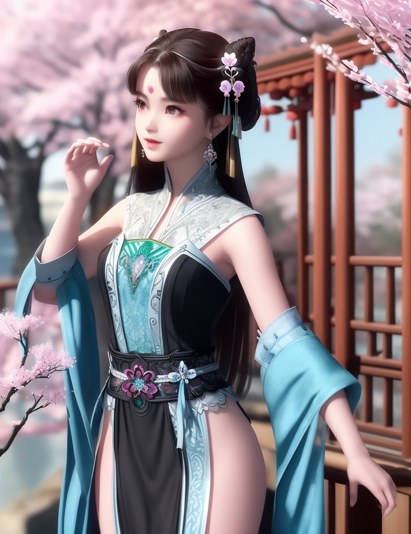 ultra realistic 8k cg, picture-perfect face, flawless, clean, masterpiece, professional artwork, famous artwork, cinematic lighting, cinematic bloom, perfect face, beautiful face, fantasy, dreamlike, unreal, science fiction,  beautiful clothes, lace, lace trim, lace-trimmed legwear,  (rich:1.4), prestige, luxury, jewelry, diamond, gold, pearl, gem, sapphire, ruby, emerald, intricate detail, delicate pattern, charming, alluring, seductive, erotic, enchanting, hair ornament, necklace, earrings, bracelet, armlet,halo((,1girl, ,))(((,teenage, cherry blossoms, 1girl, tree, spring_\(season\), solo, black_hair,chinese clothes,looking at viewer, upper body, ))) <lora:DA_LanLingEr:0.6>
