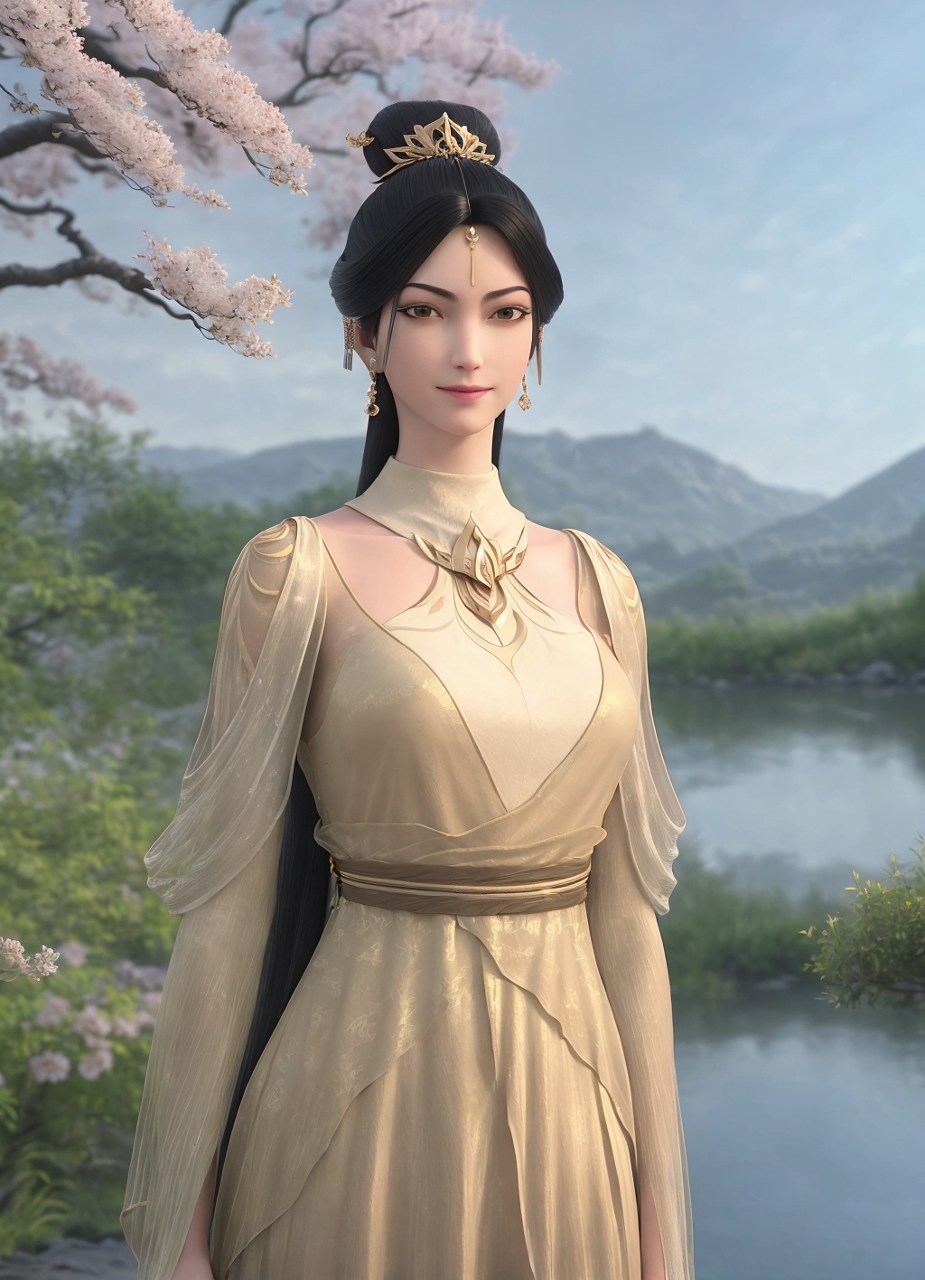 <lora:CaiJinjian-Sd1.5:0.75>,cjj,cowboy shot,1girl,solo,light smile,hair bun,jewelry,forehead jewelry,hair ornament,earrings,clothing cutout,high collar,yellow dress,soft focus,garden,nature,bush,mountains,grass,(blooming sakura trees:1.3),(waterfall:1.1),river,fog,sun rays through branches,depth of field,(best quality:1.5,masterpiece:1.5),
