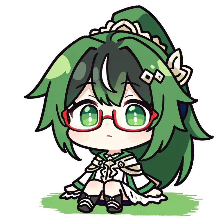 ((HRD, HUD, 8K)),((masterpiece, best quality)), highly detailed, soft light,EmojiPack, 1girl, solo, chibi, glasses, black hair, hair ornament, ponytail, white background, long hair, green hair, multicolored hair, bangs, simple background, green eyes, sitting, closed mouth, red-framed eyewear, <lora:20240527-1716802627504:0.8>