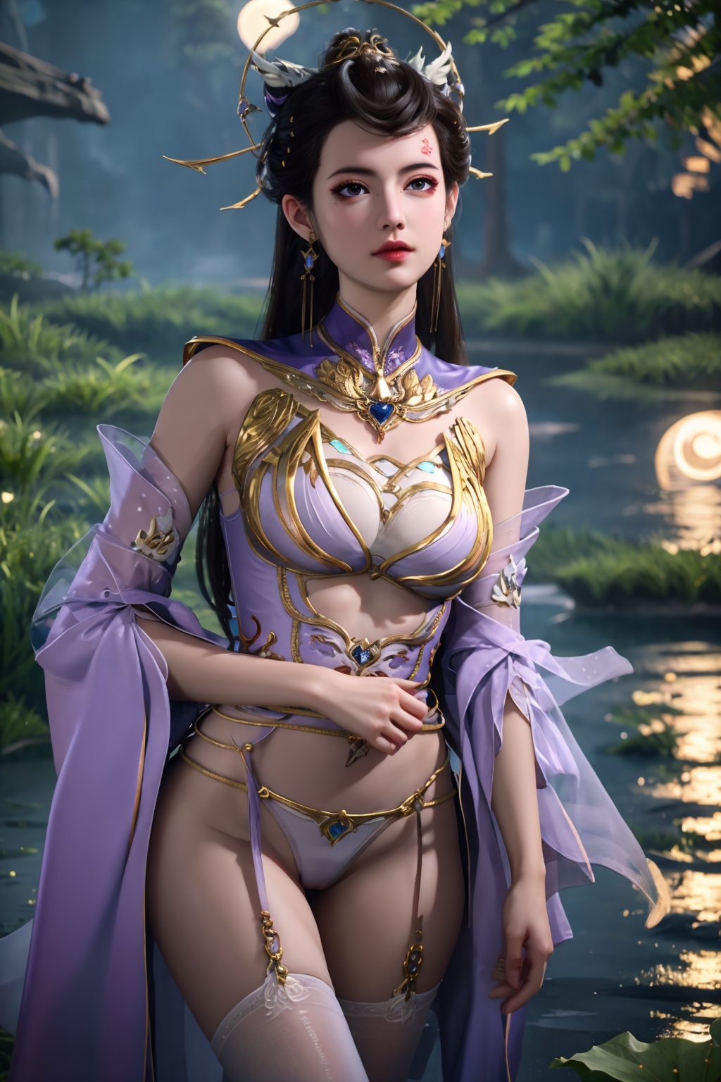 standing,flower,full_moon,moon,night,lily_pad,lotus,moonlight,nipples,water,night_sky,lily_\(flower\),sky,partially_submerged,1girl,solo,hair ornament,long hair,realistic,nail polish,photo_\(medium\),(medium breasts, cleavage),makeup,(8k, RAW photo, best quality, masterpiece:1.2),(realistic, photorealistic:1.3),ultra-detailed,extremely detailed cg 8k wallpaper,(crystalstexture skin:1.2),extremely delicate and beautiful,(sexy pose:1.2),wearing edgHL,see-through,thighhighs,sexy lingerie,(medium breasts:1.2),silk,thin transparent silk,torn pantyhose,