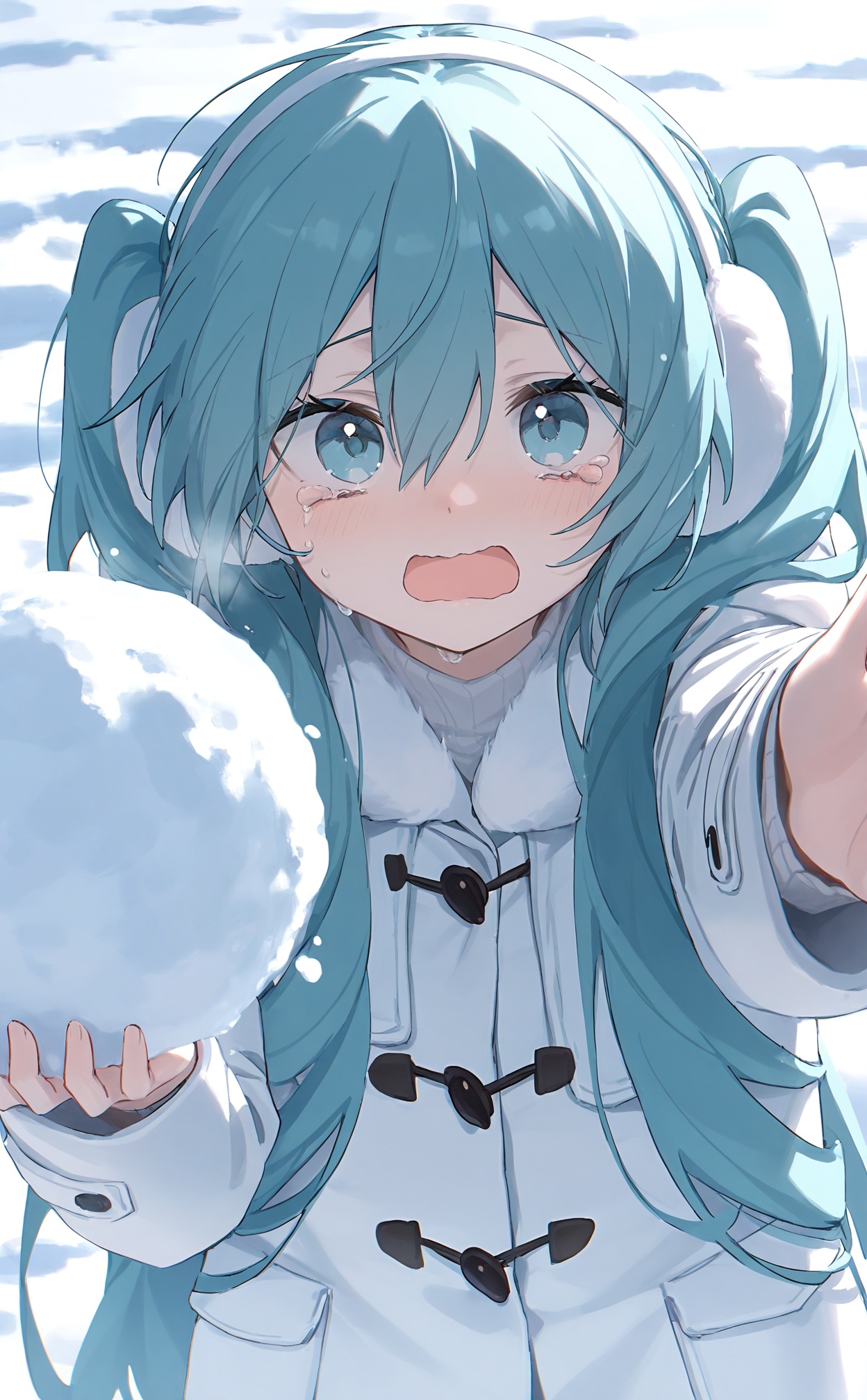 masterpiece,highres,absurdres,newest,best quality,high quality,loli,petite,chromatic_aberration,//,1girl,hatsune_miku,long_hair,earmuffs,solo,twintails,open_mouth,snow,tears,snowball,outdoors,very_long_hair,tearing_up,blue_eyes,reaching,aqua_eyes,winter,white_sweater,blue_hair,long_sleeves,wavy_mouth,sweater,upper_body,aqua_hair,day,crying,coat,jacket,looking_at_viewer,winter_clothes,outstretched_arm,crying_with_eyes_open,hair_between_eyes,white_jacket,white_coat,//,<lora:konya_karasue3——【noob】hans:0.7>,