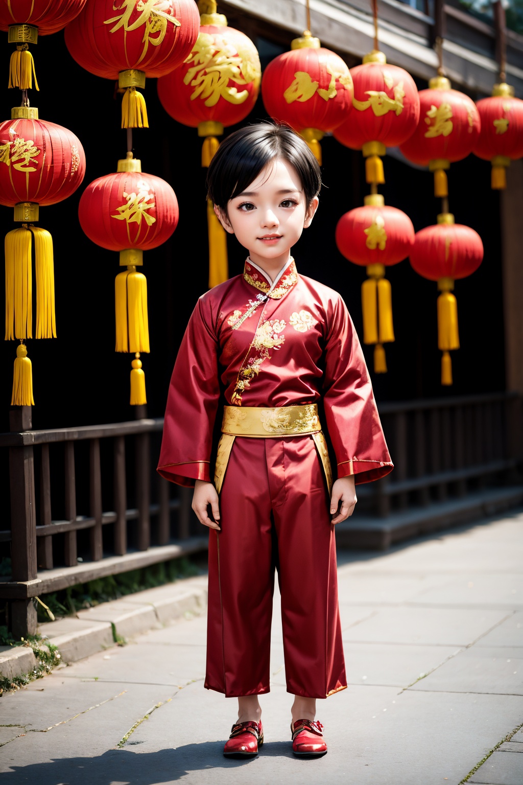 <lora:ChineseNewYear:0.8>, chinese new year, boy, (smirk:-0.4), short hair, arms at sides, red chinese clothes, trousers, paper lantern, full body, leather shoes, (chibi:0.3)