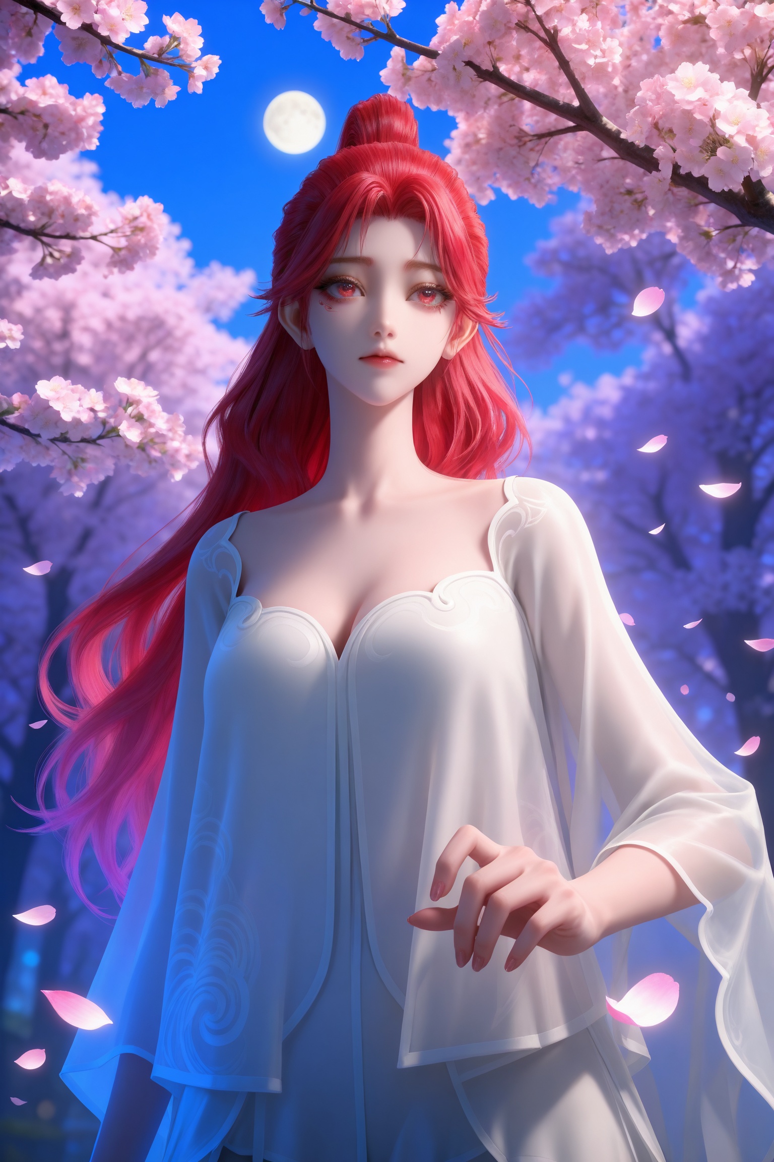Nai3 style,realistic style photo,outstanding style,Use soft lighting to cast gentle shadows on the subject,adding a touch of dimension to your images without compromising details,whirls of vapor,(Anime:1.1),soft neon light,ethereal ambiance,delicate details,magical atmosphere,concept art,highly detailed,ultra-high resolution,32K UHD,sharp focus,best-quality,masterpiece,golden hour,unconventional supreme masterpiece,masterful details,temperate atmosphere,with a high-end texture,in the style of fashion photography,magazine style,Dynamic Angle,Dynamic posture,magazine style,Dynamic Angle,Dynamic posture,(cowboy_shot:1.2),eye trail,depth of field,cinematic lighting,lens flare,(artist:quasarcake:0.8),close-up,(artist:quasarcake:0.8),extreme aesthetic,(wlop:0.6),(honjou raita,lack,rella,wanke:0.5),masterpiece,best quality,good quality,newest,year 2025,very aesthetic,absurdres,Visual impact,A shot with tension,ultra-high resolution,32K UHD,sharp focus,best-quality,masterpiece,Emotionalization,unconventional supreme masterpiece,masterful details,temperate atmosphere,with a high-end texture,in the style of fashion photography,(Visual impact:1.2),giving the poster a dynamic and visually striking appearance,<lora:百炼成神3-火允儿-浴袍IL:0.8>,1girl,red hair,long hair,ponytail,red eyes,white dress,see-through,cleavage,long sleeves,bare legs,barefoot,, masterpiece,best quality,solo,1girl,upper body,petals,looking at viewer,moon,branch,cherry blossoms,flower,extreme aesthetic,(quasarcake:0.7),masterpiece,best quality,good quality,newest,very aesthetic,absurdres,A shot with tension,(Visual impact,giving the poster a dynamic and visually striking appearance:1.2),impactful picture,offcial art,colorful,splash of color,movie perspective,