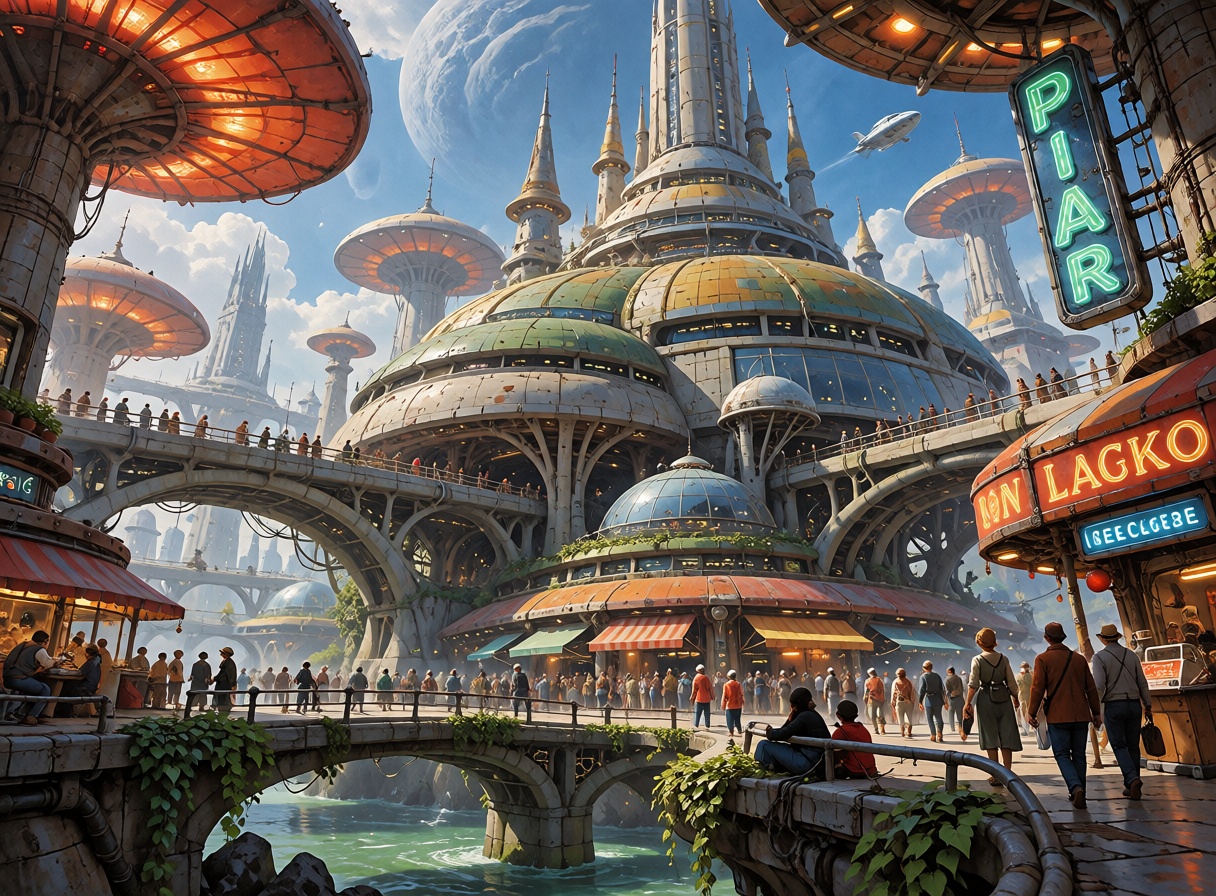 A sprawling futuristic city centered around a giant alien market district,  layered architecture,  glowing canopies on Ten...