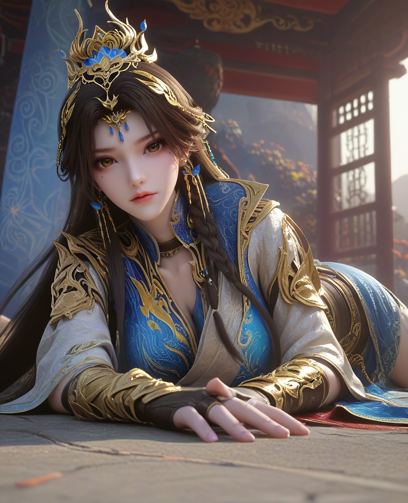 (oriental architecture, elegant decor, sophisticated style:1.1),(lying, On stomach, legs outstretched,:1.1),(low-angle shot:1.1),(large breasts:1.2),<lora:XL16云深不知梦羲和第20集‌跃灵谷:0.95>,miss xihe,white and blue tiered hanfu,brown eyes,mole under left eye,black hair,very long hair,draped looped buns with front braid,hair ornament,jewelry,vambraces,black fingerless gloves,cape,sash,, score_9,score_8_up,score_7_up,score_6_up,score_5_up,score_4_up,3d rendering,tag1,tag2, Cinematic Lighting,backlighting,