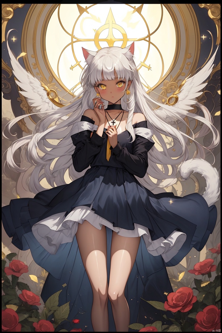 {masterpiece},white hair,yellow eyes,aqua eyes,looking up,stockings,dark skin,long hair,hime cut,messy hair,floating hair,demon wings,halo,cross necklace,holy,divinity,shine,holy light,cat girl,(loli),(petite),solo,cozy anime,houtufeng,letterboxed,1 girl,2Dconceptualdesign负向提示<lora:EMS-6531-EMS:0.000000>, <lora:EMS-48782-EMS:0.400000>, <lora:EMS-7779-EMS:0.400000>, <lora:EMS-33085-EMS:0.500000>