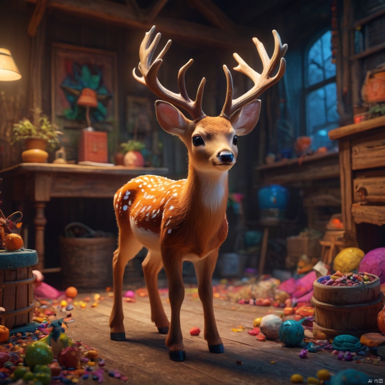 A cute deer, colorful, clutter, ultra detailed, mysterious, scary, perfect environment, cinematic lighting, product photography, unreal engine, 8K