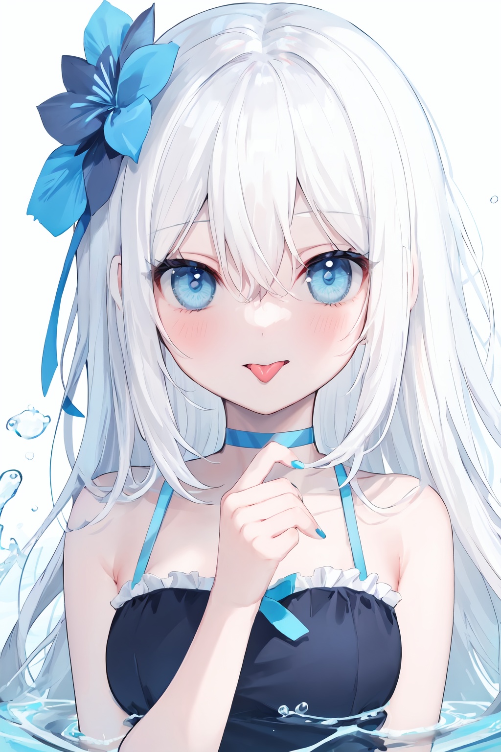 1girl, solo, looking at viewer, tongue, tongue out, blue eyes, white hair, long hair, bangs, hair between eyes, white background, choker, blue choker, bare shoulders, water, :p, simple background, portrait, arm up, blue nails, blush, bright eyes, clear eyes, mi-style
