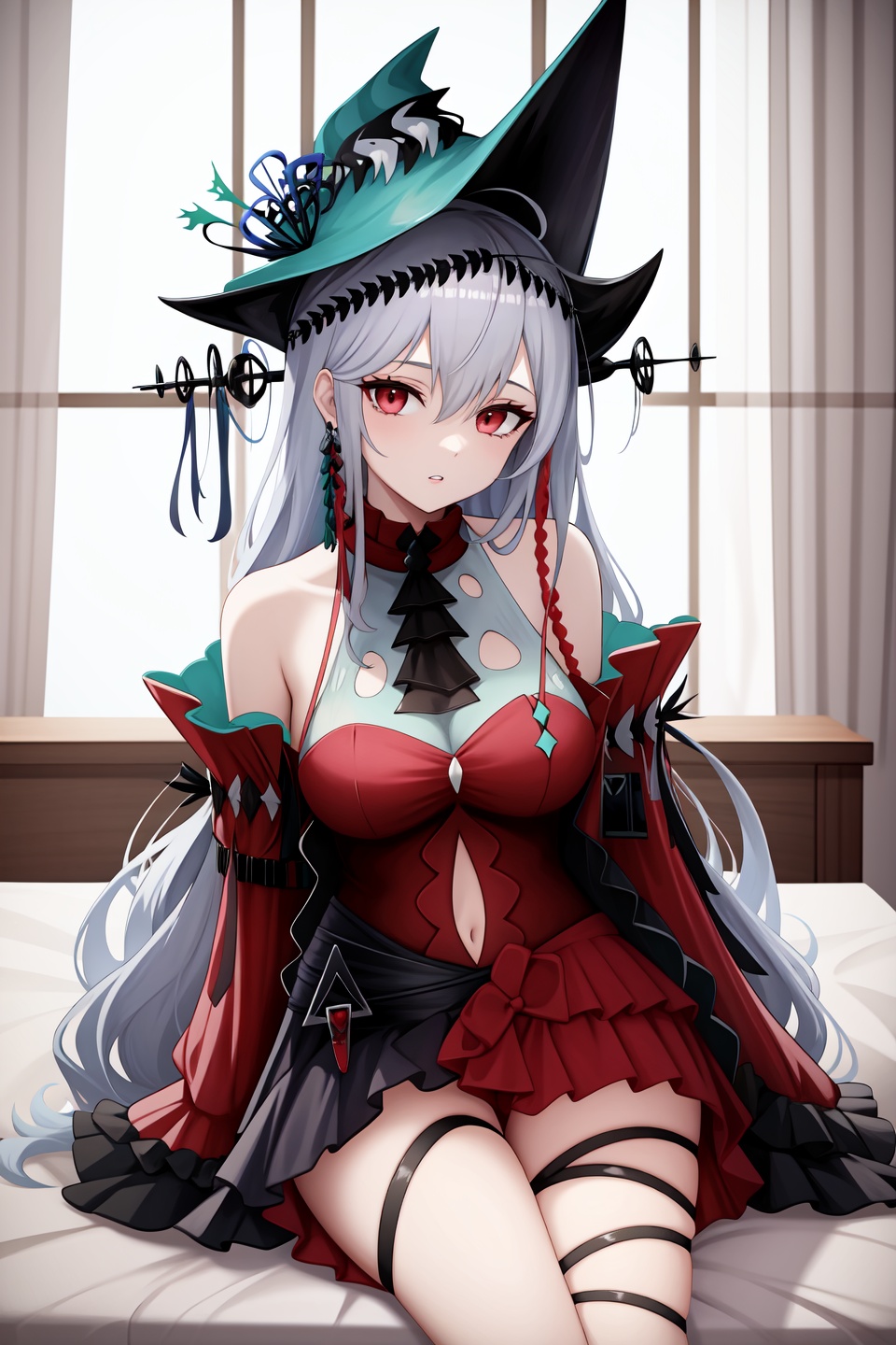 <lora:skadi2-000032:1>,skadi,1girl,skadi the corrupting heart \(arknights\),skadi \(arknights\),solo,official alternate costume,navel,looking at viewer,parted lips,hat,sitting on bed,bedroom,indoors,, 1girl,,  (masterpiece,best quality:1.2),absurdres
