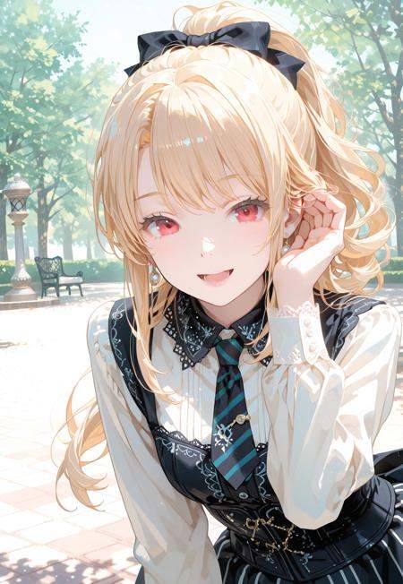 1girl, solo, anime-style digital drawing, looking at viewer,soft pastel colors, detailed and delicate, whimsical and dreamy, soft shading, detailed textures,gentle and innocent expression, intricate and ornate, elegant and charming,anime girl, delicate and feminine, soft and gentle colors.modern architecture, park,outdoors, leaning forward, tucking hair,blonde hair, ponytail, red eyes, happy smile, open mouth, goth fashion, jewelry, necktie, striped clothes, corset, long sleeves,