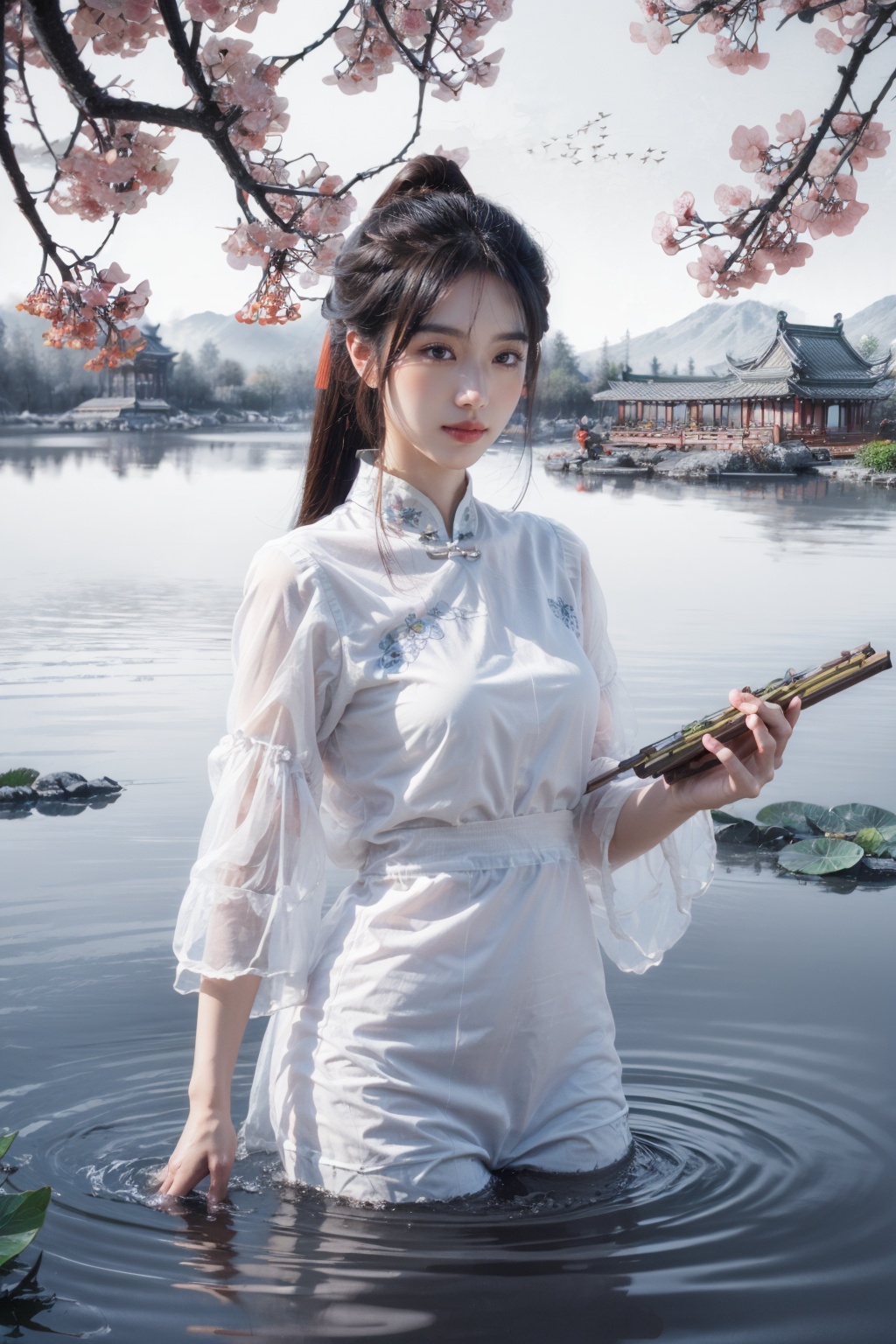 Realistic,best quality,masterpiece,8K,HDR,RAW,1girl,<lora:add_detail:0.6>,mount,water,water lily,chinese style,<lora:ENNE 水墨丹青_v10:1>,smdq,